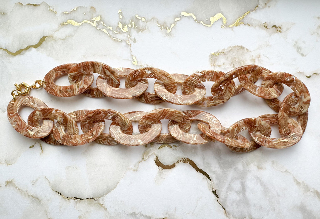 21" Chunky Chain Necklace Made Out of Rare Vintage 1970s Italian Cellulose Acetate in Neutral Pattern | Made in USA