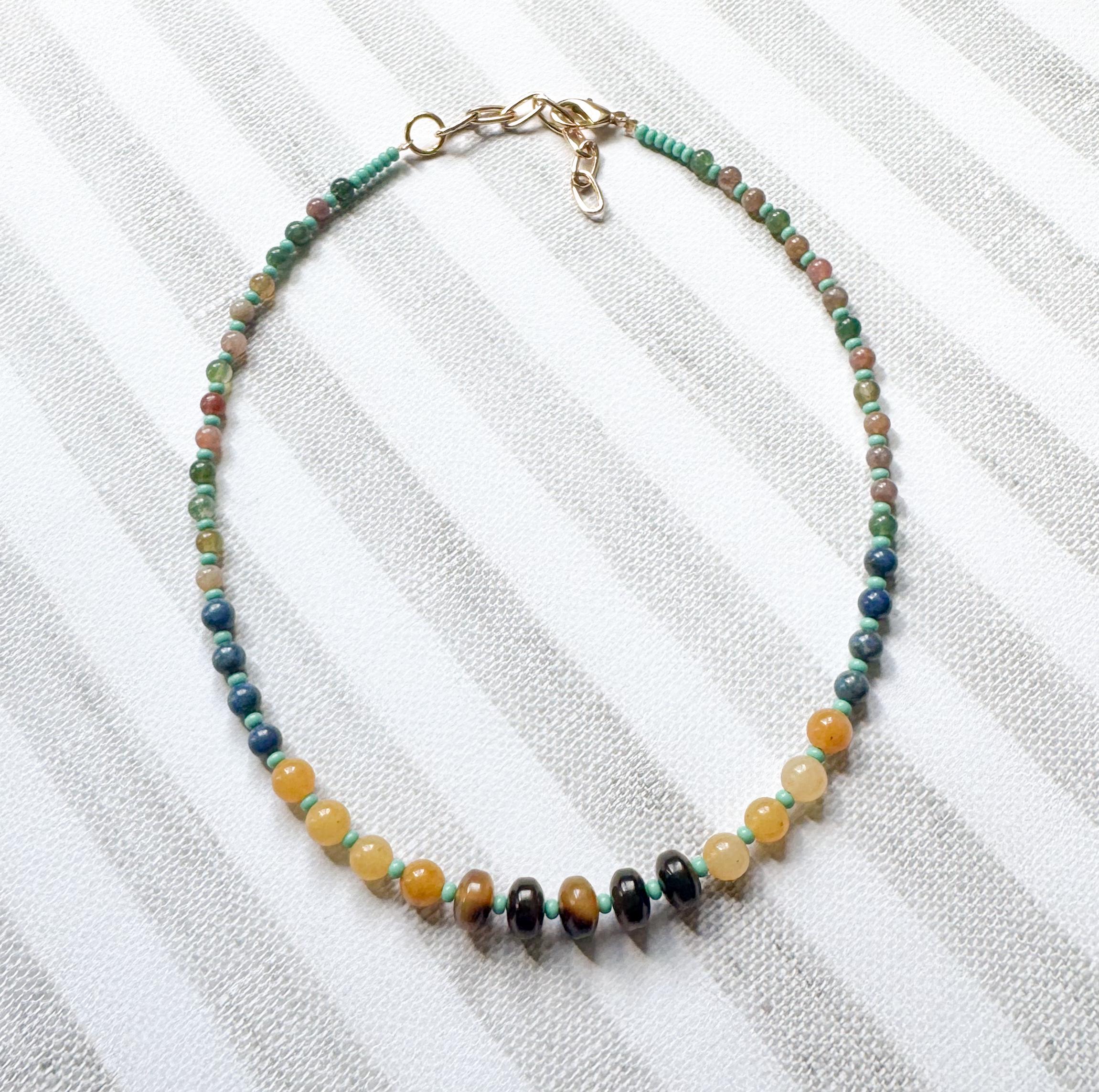 Beaded Choker Necklace Handmade From Tortoise Shell, Turquoise, Lapis, Agate, and Jade Beads With 2" Extender Beaded Gemstone Necklace