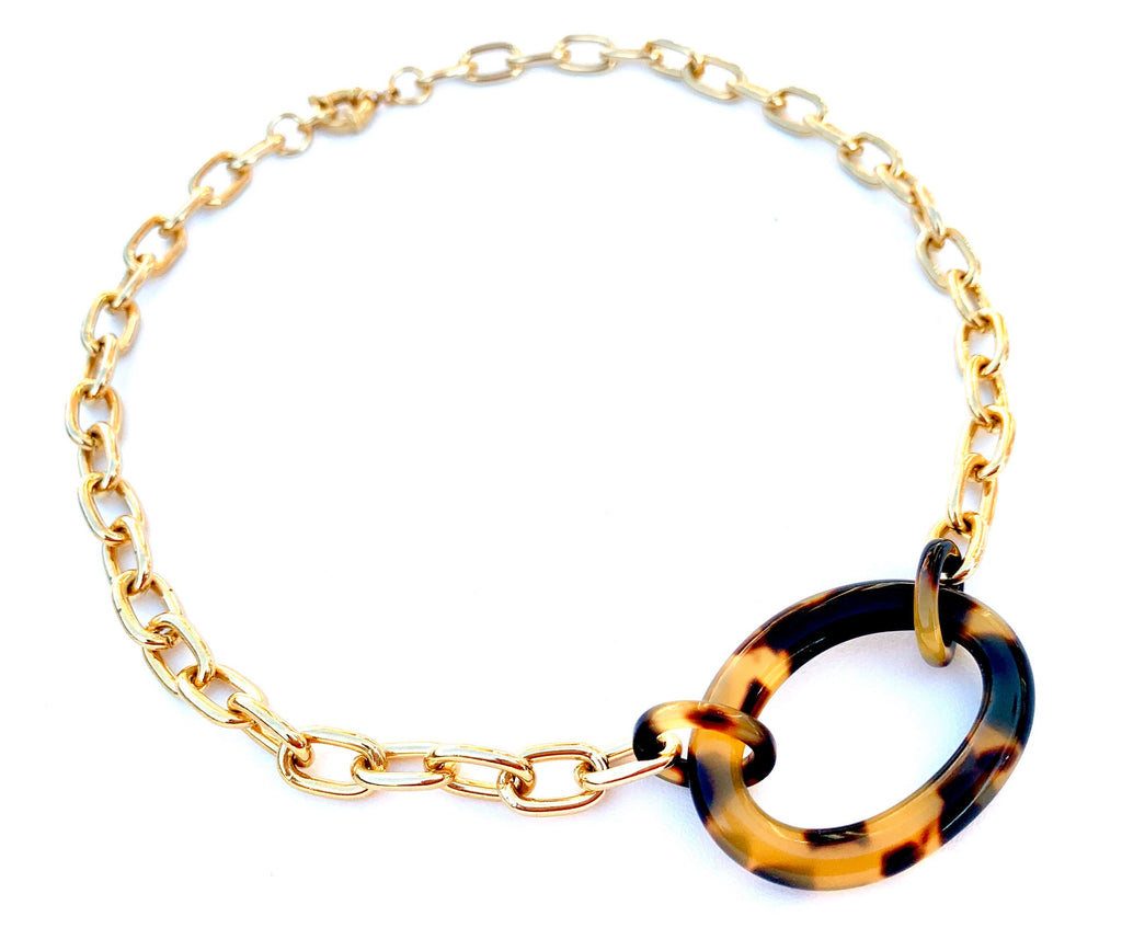 Large Tortoise Shell Link and Gold 17.5" Choker Chain |Repurposed from Vintage Italian Cellulose Acetate Links | Made in USA | Free Shipping