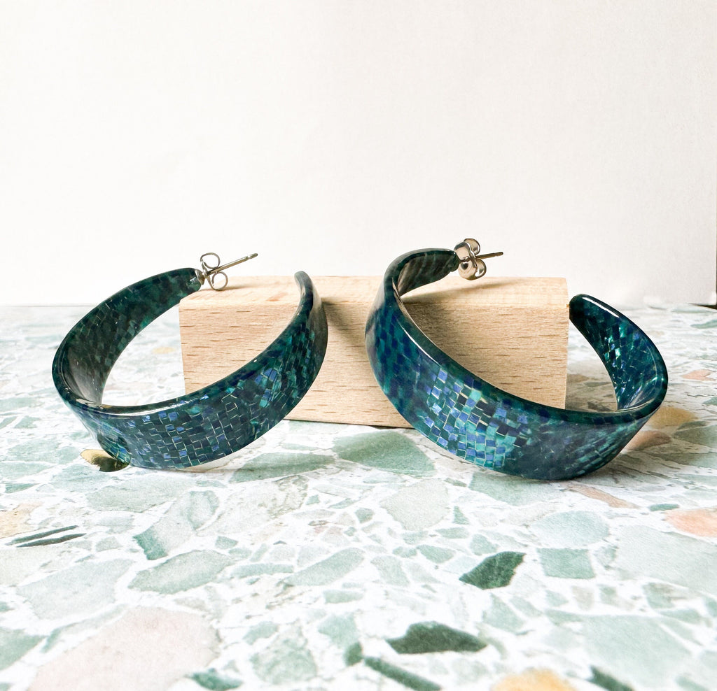 Metallic Teal Mosaic Tapered Hoop Earring Italian Cellulose Acetate Hoop |Handmade in the USA| Lucite Statement Hoop Resin Hoop acrylic hoop