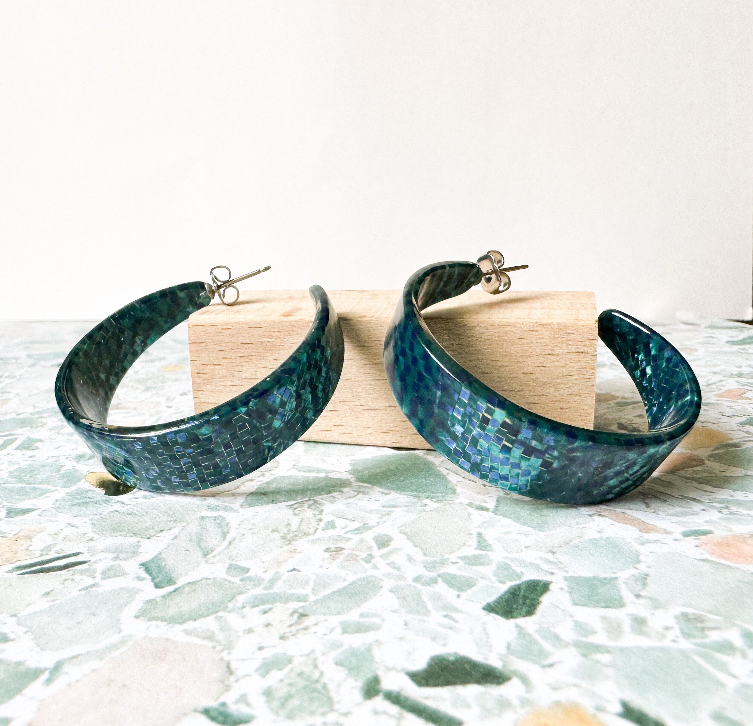 Metallic Teal Mosaic Tapered Hoop Earring Italian Cellulose Acetate Hoop |Handmade in the USA| Lucite Statement Hoop Resin Hoop acrylic hoop