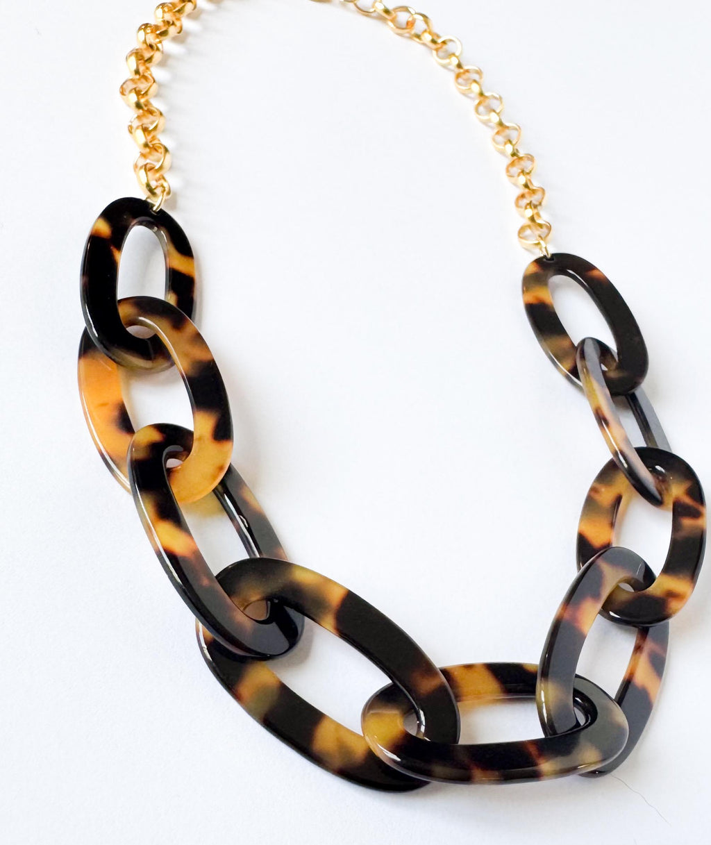 Tortoise Shell Chain Necklace 20" Handmade From Italian Cellulose Acetate and Gold Filled Chain Tortoise Link Necklace Lucite Chain