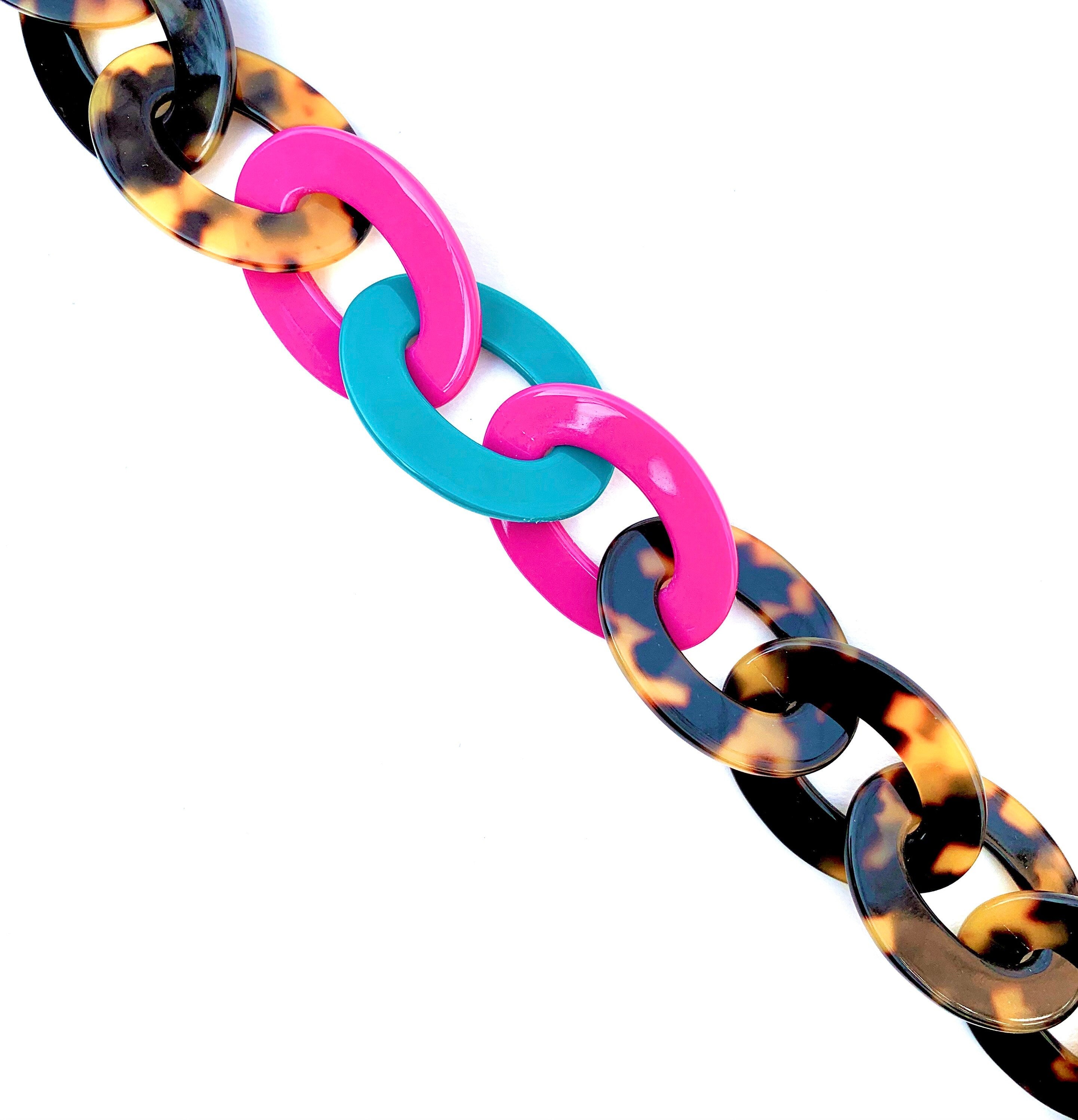 21" Colorful Tortoise Shell Chain With Pops of Magenta and Teal | Handmade in NYC From Italian Cellulose Acetate Chunky Tortoise Chain