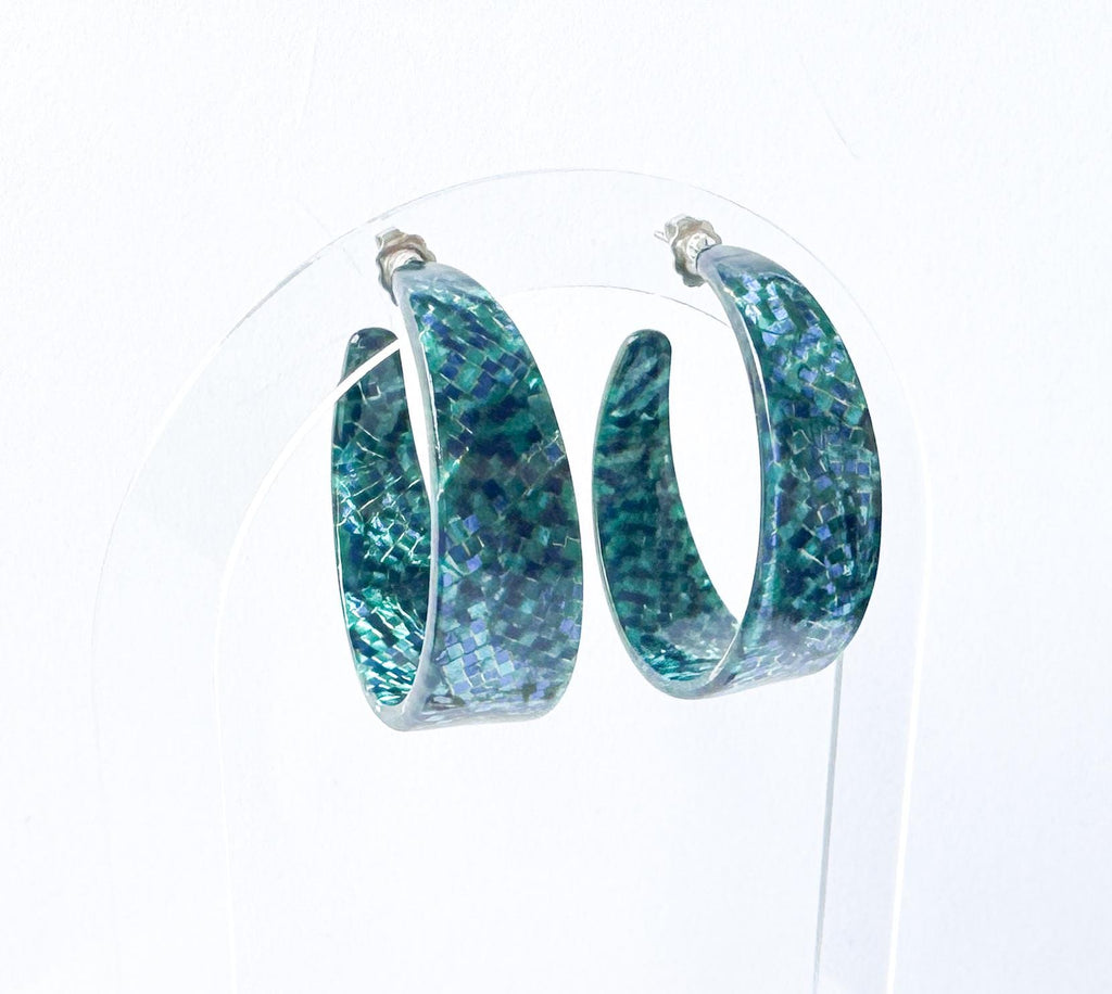 Metallic Teal Mosaic Tapered Hoop Earring Italian Cellulose Acetate Hoop |Handmade in the USA| Lucite Statement Hoop Resin Hoop acrylic hoop