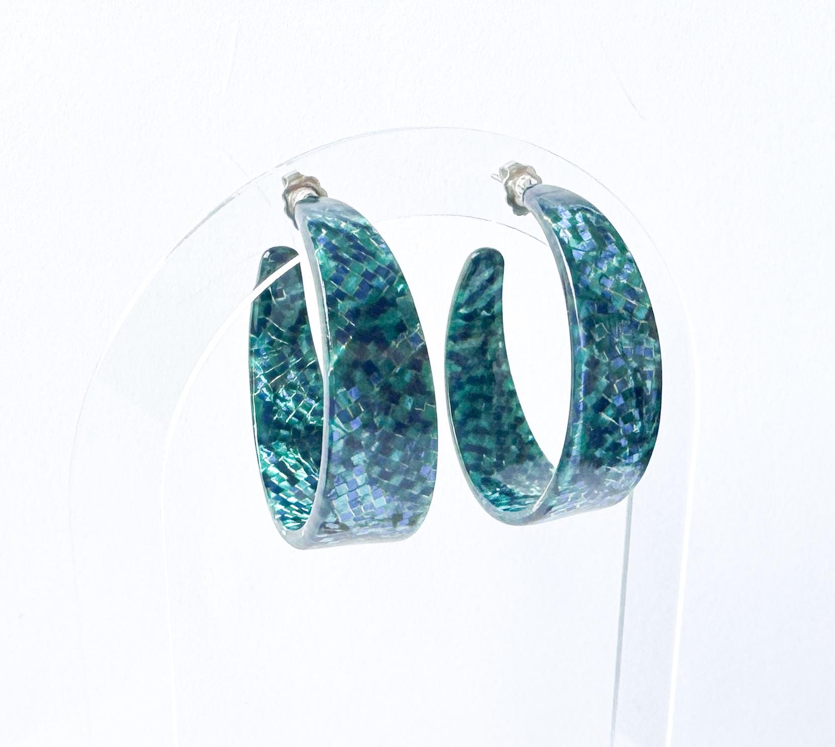 Metallic Teal Mosaic Tapered Hoop Earring Italian Cellulose Acetate Hoop |Handmade in the USA| Lucite Statement Hoop Resin Hoop acrylic hoop