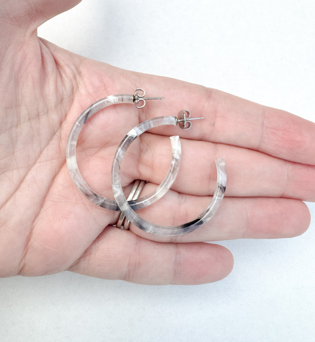 1.5” Smokey Gray Skinny Hoop Earring Handmade in NYC From Italian Cellulose Acetate