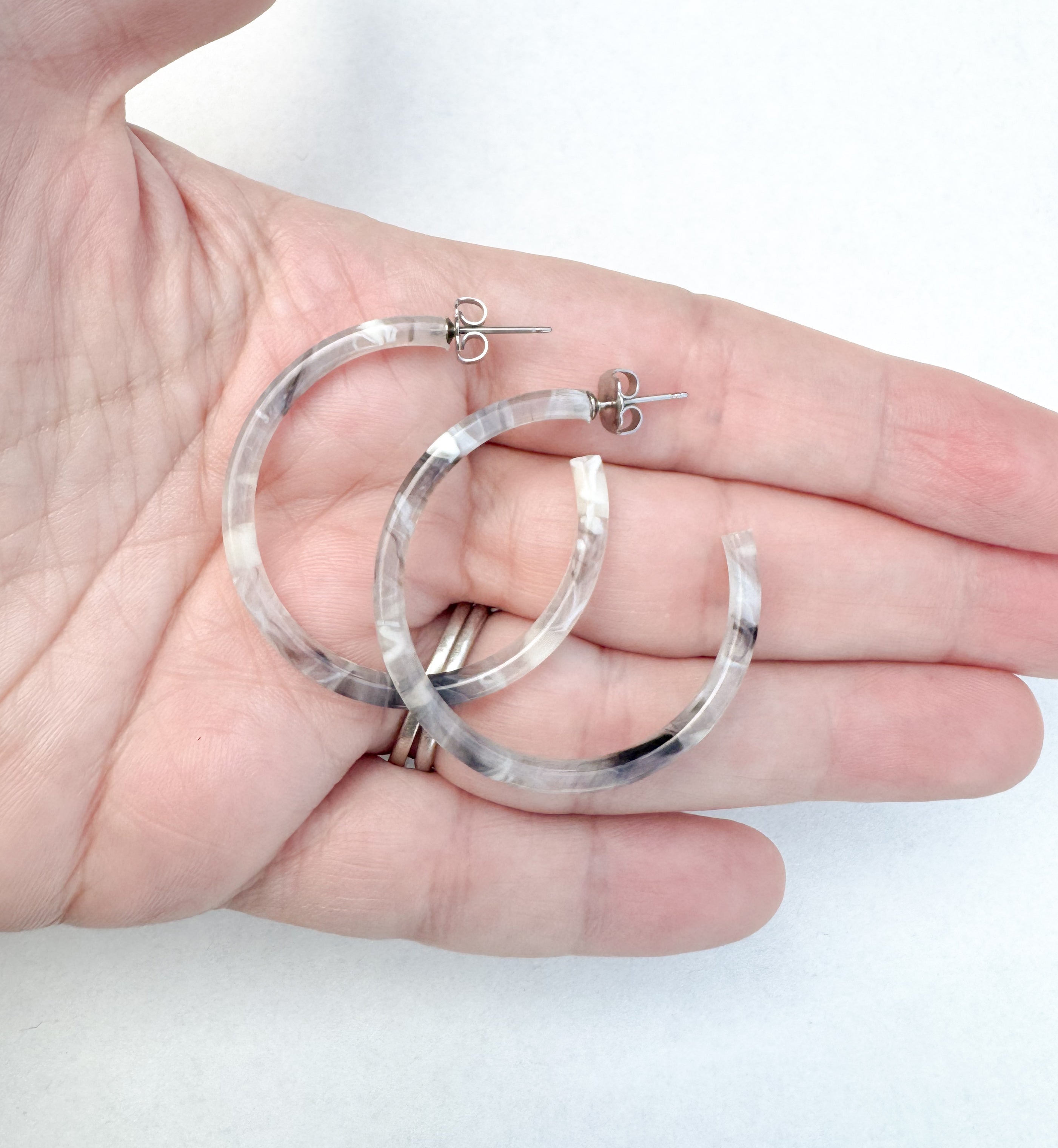 1.5” Smokey Gray Skinny Hoop Earring Handmade in NYC From Italian Cellulose Acetate