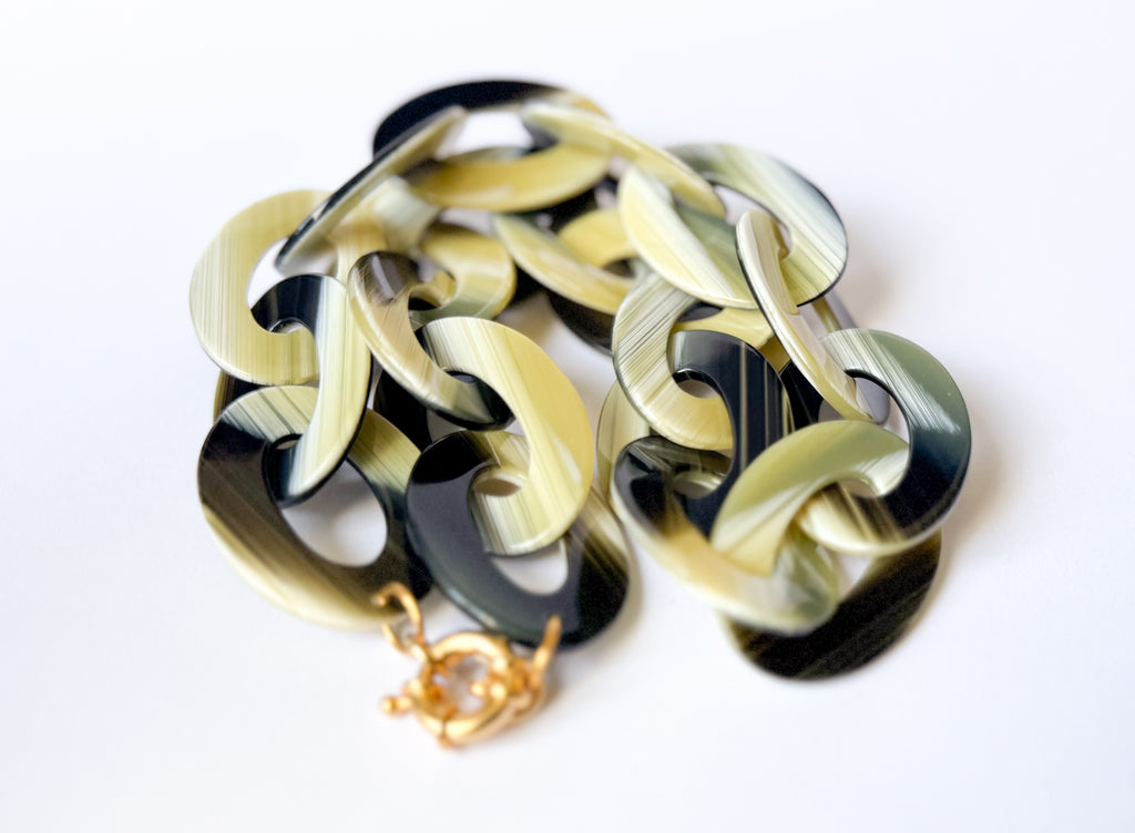 Green Horn Chunky Chain Necklace Handmade From Italian Cellulose Acetate