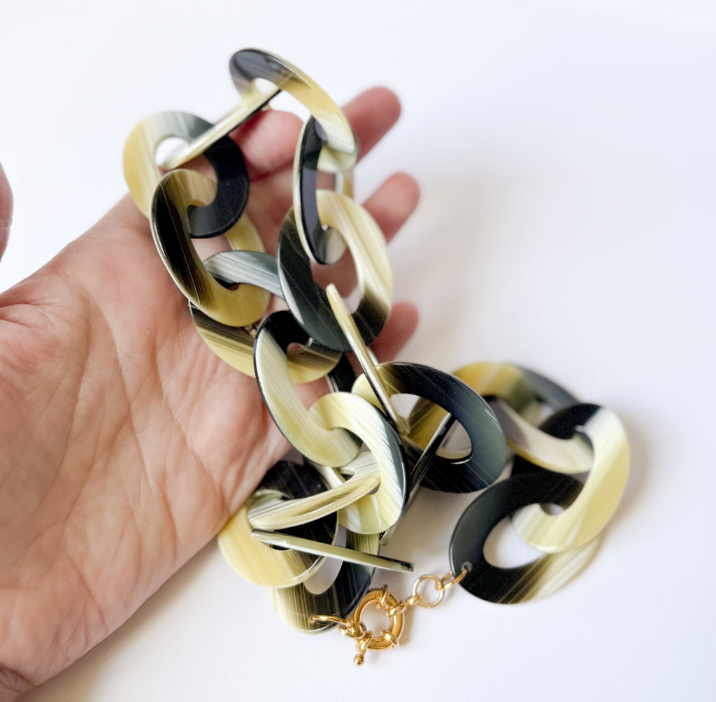 Green Horn Chunky Chain Necklace Handmade From Italian Cellulose Acetate