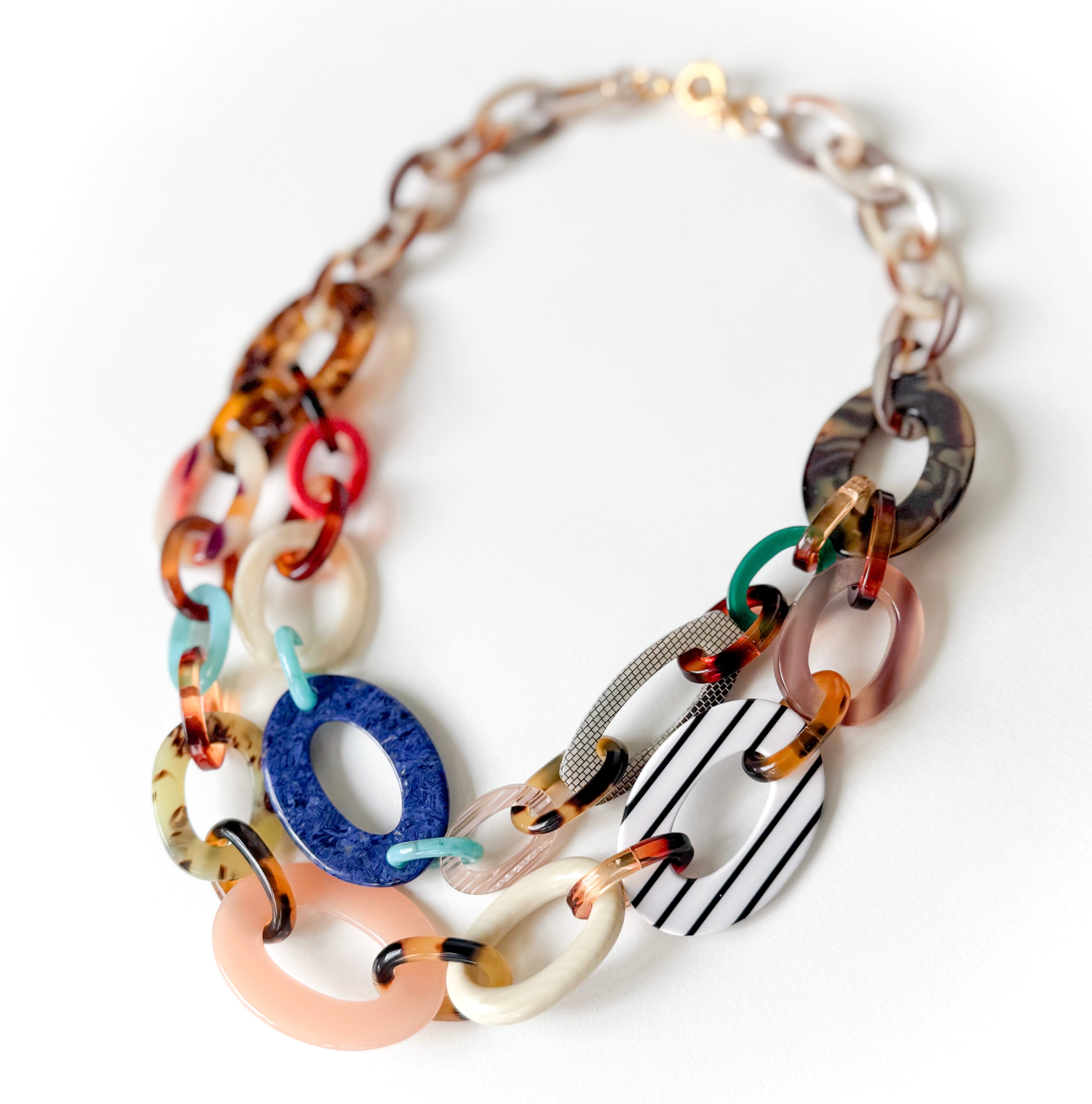 Colorful Horn Chunky Tortoise Shell Statement Chain Necklace Handcrafted from Italian Cellulose Acetate