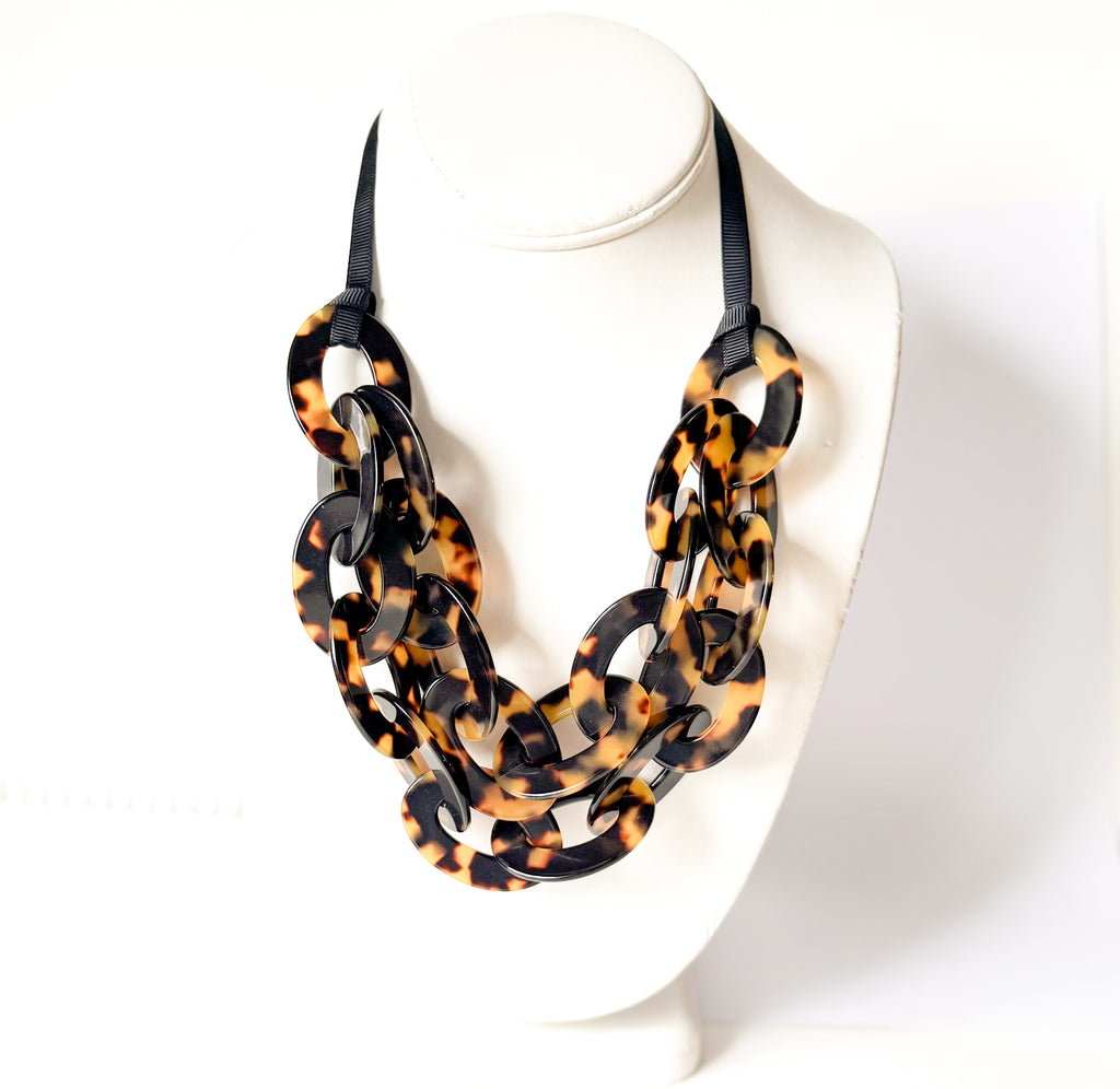 Tortoise Shell Bib Chain Necklace Handmade From Italian Cellulose Acetate