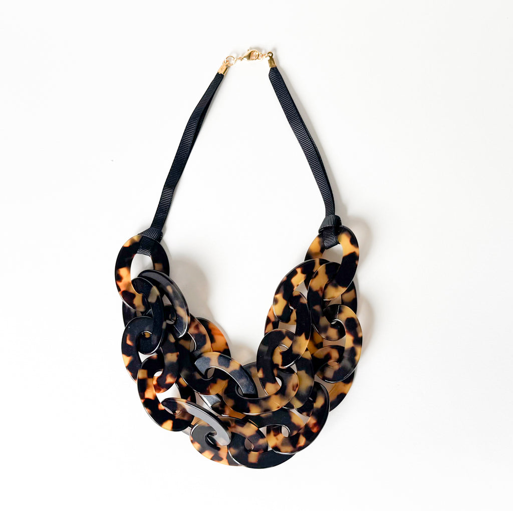 Tortoise Shell Bib Chain Necklace Handmade From Italian Cellulose Acetate