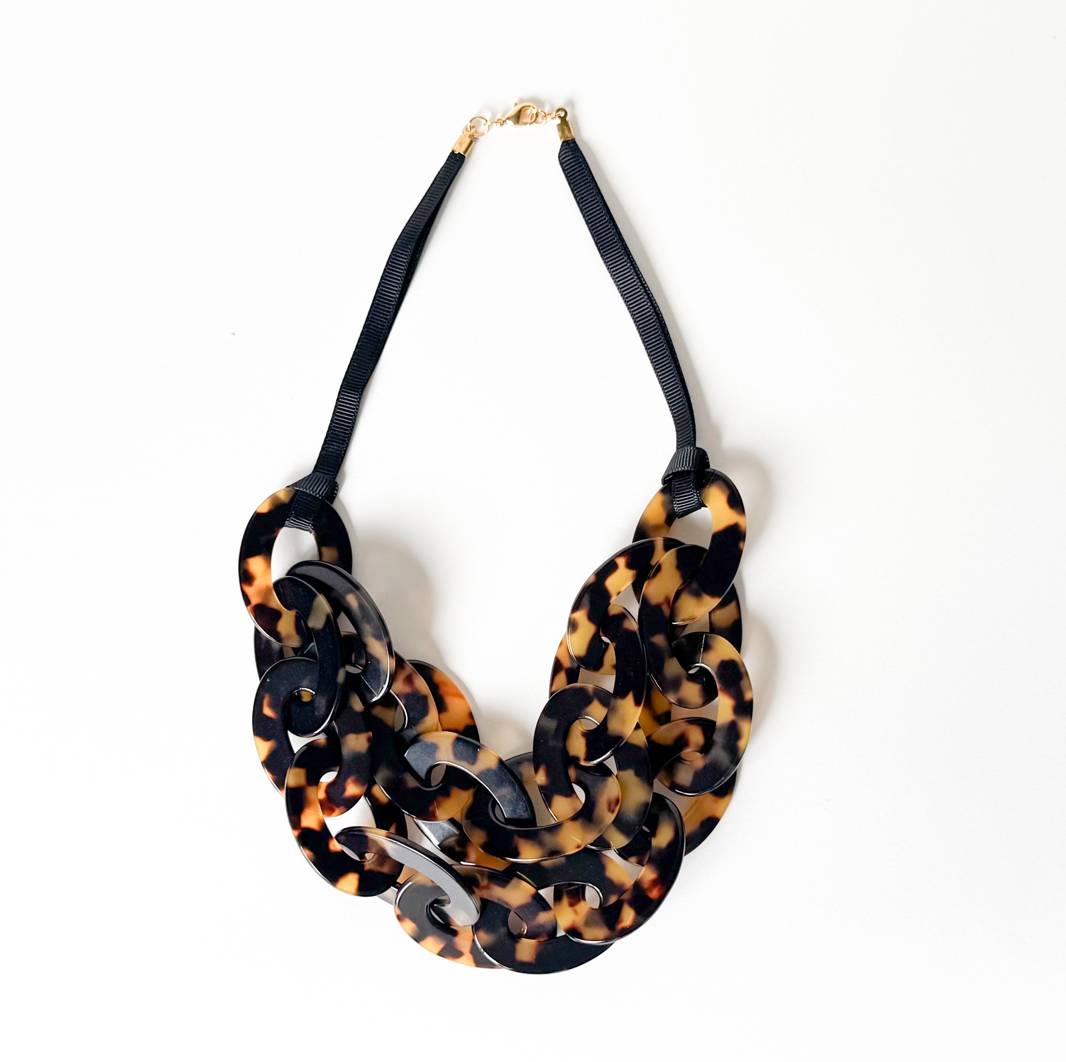 Tortoise Shell Bib Chain Necklace Handmade From Italian Cellulose Acetate