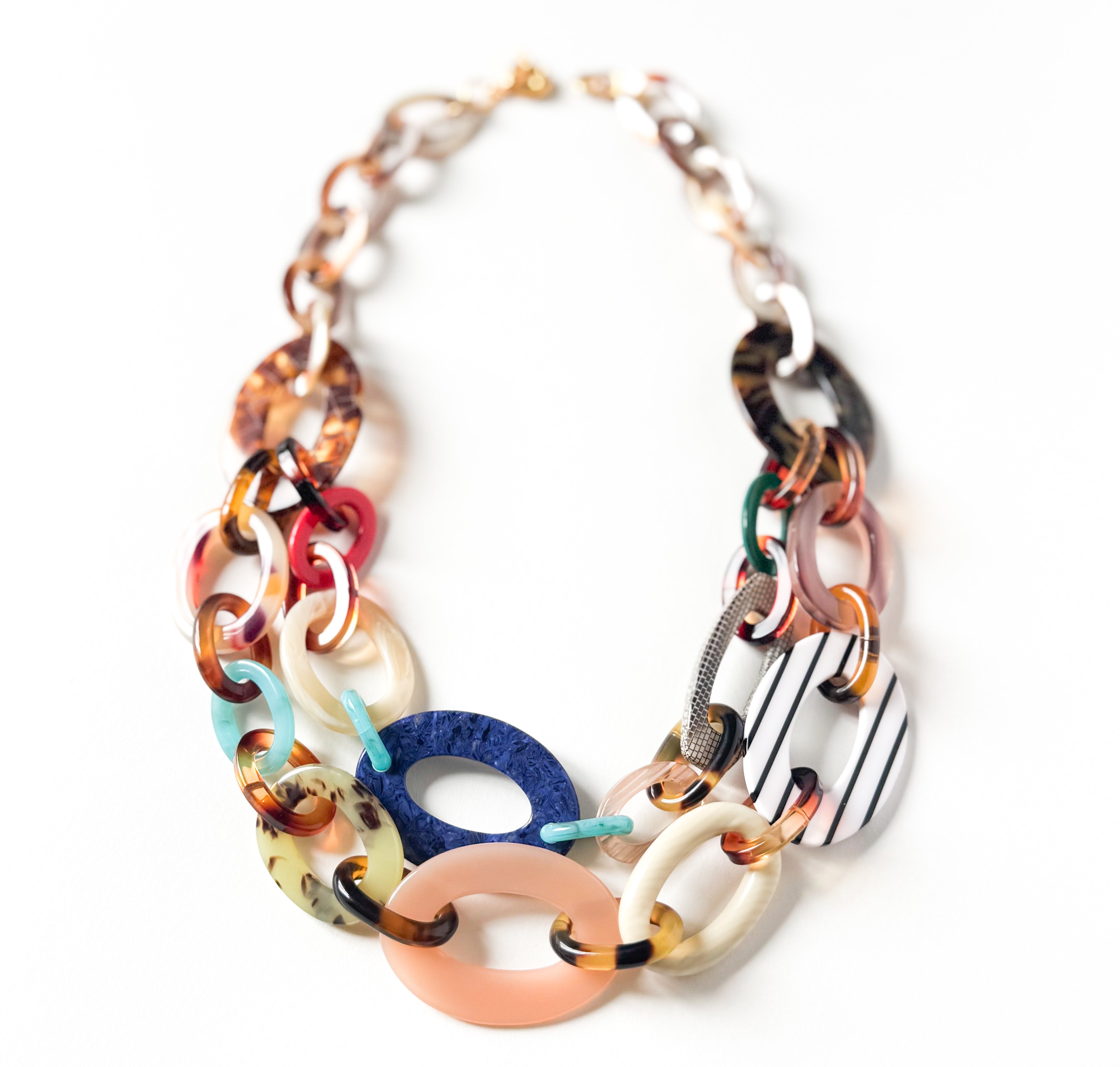 Colorful Horn Chunky Tortoise Shell Statement Chain Necklace Handcrafted from Italian Cellulose Acetate