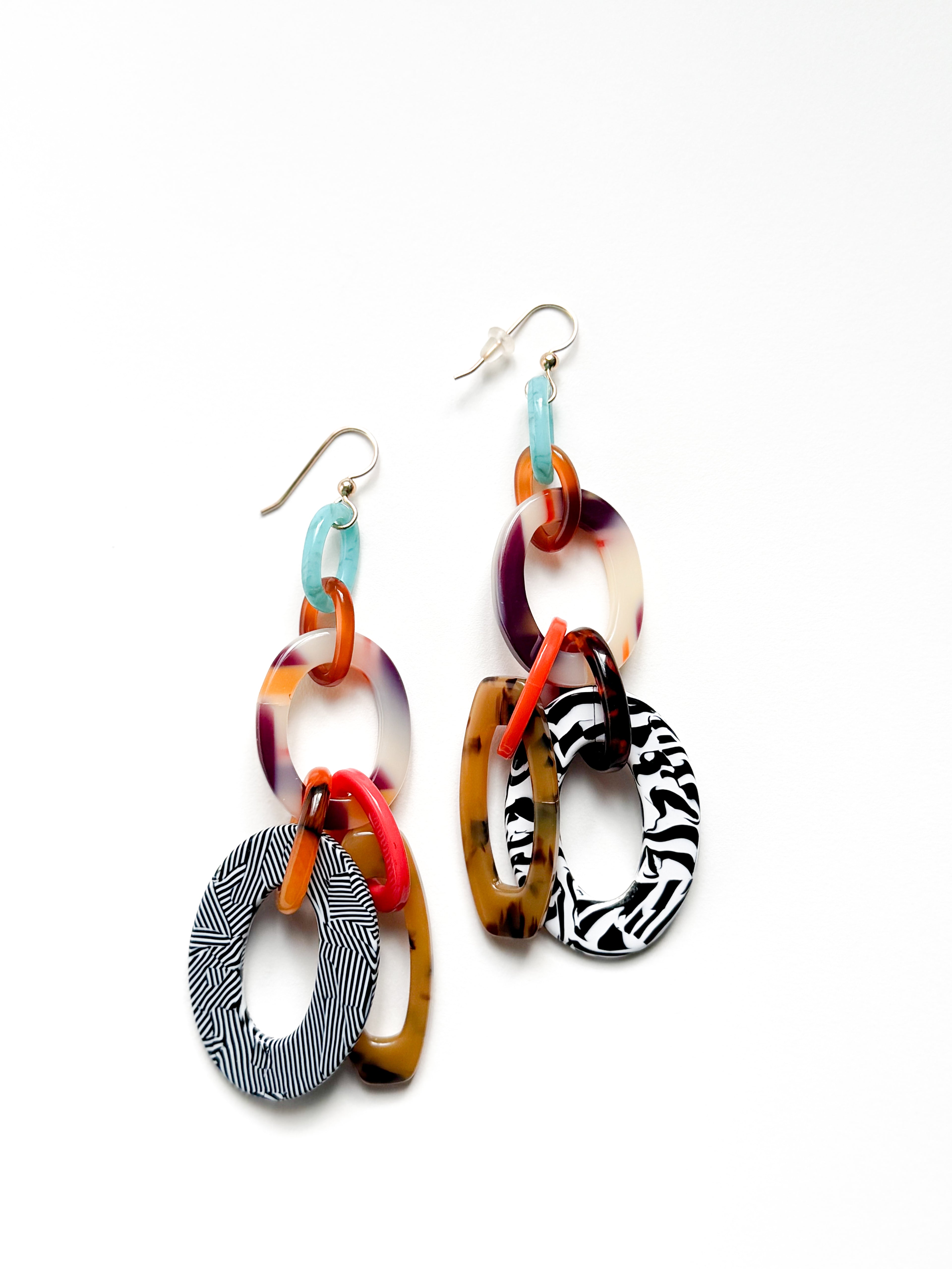Colorful Link Chain Statement Earrings Upcycled and Handmade From Vintage Italian Cellulose Acetate