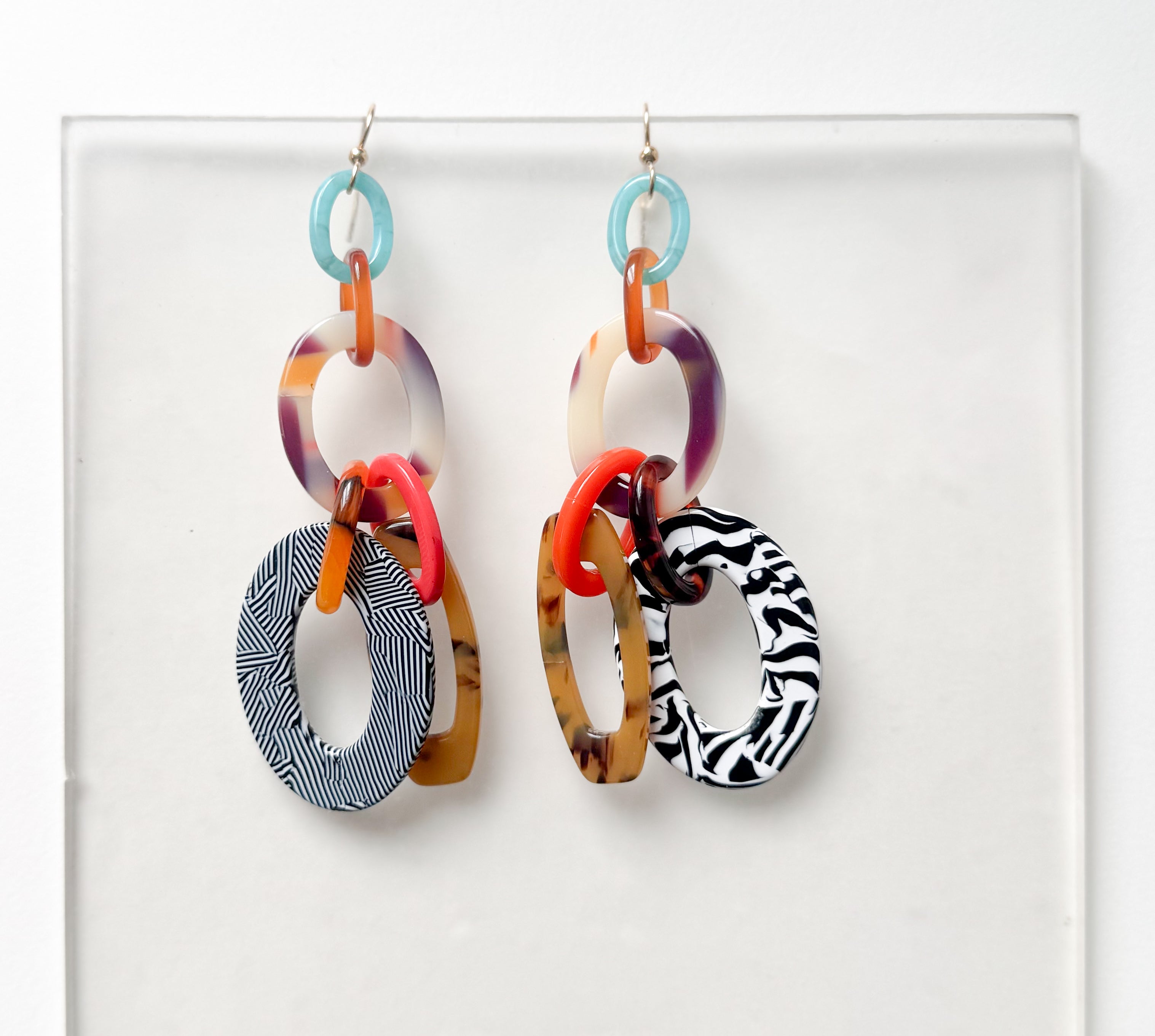 Colorful Link Chain Statement Earrings Upcycled and Handmade From Vintage Italian Cellulose Acetate