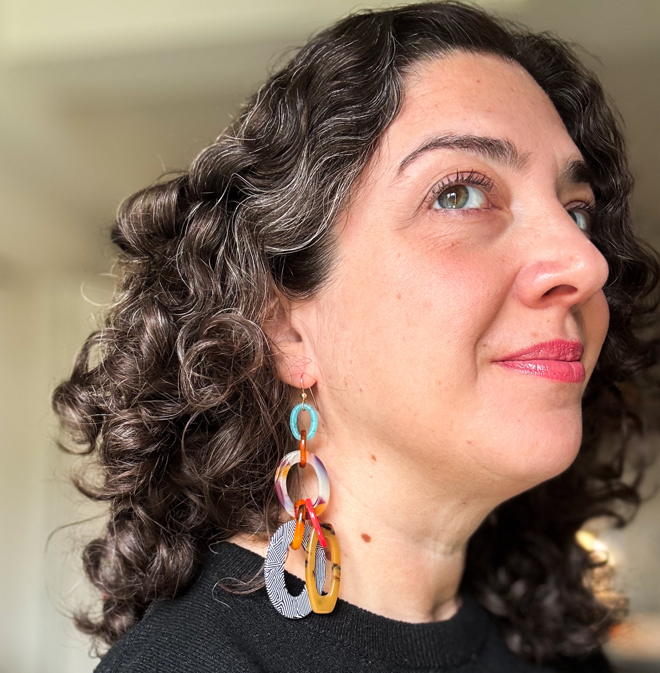 Colorful Link Chain Statement Earrings Upcycled and Handmade From Vintage Italian Cellulose Acetate