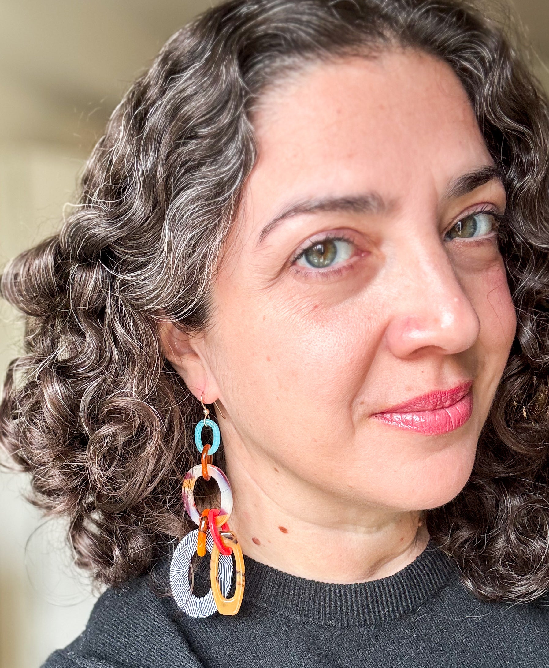 Colorful Link Chain Statement Earrings Upcycled and Handmade From Vintage Italian Cellulose Acetate