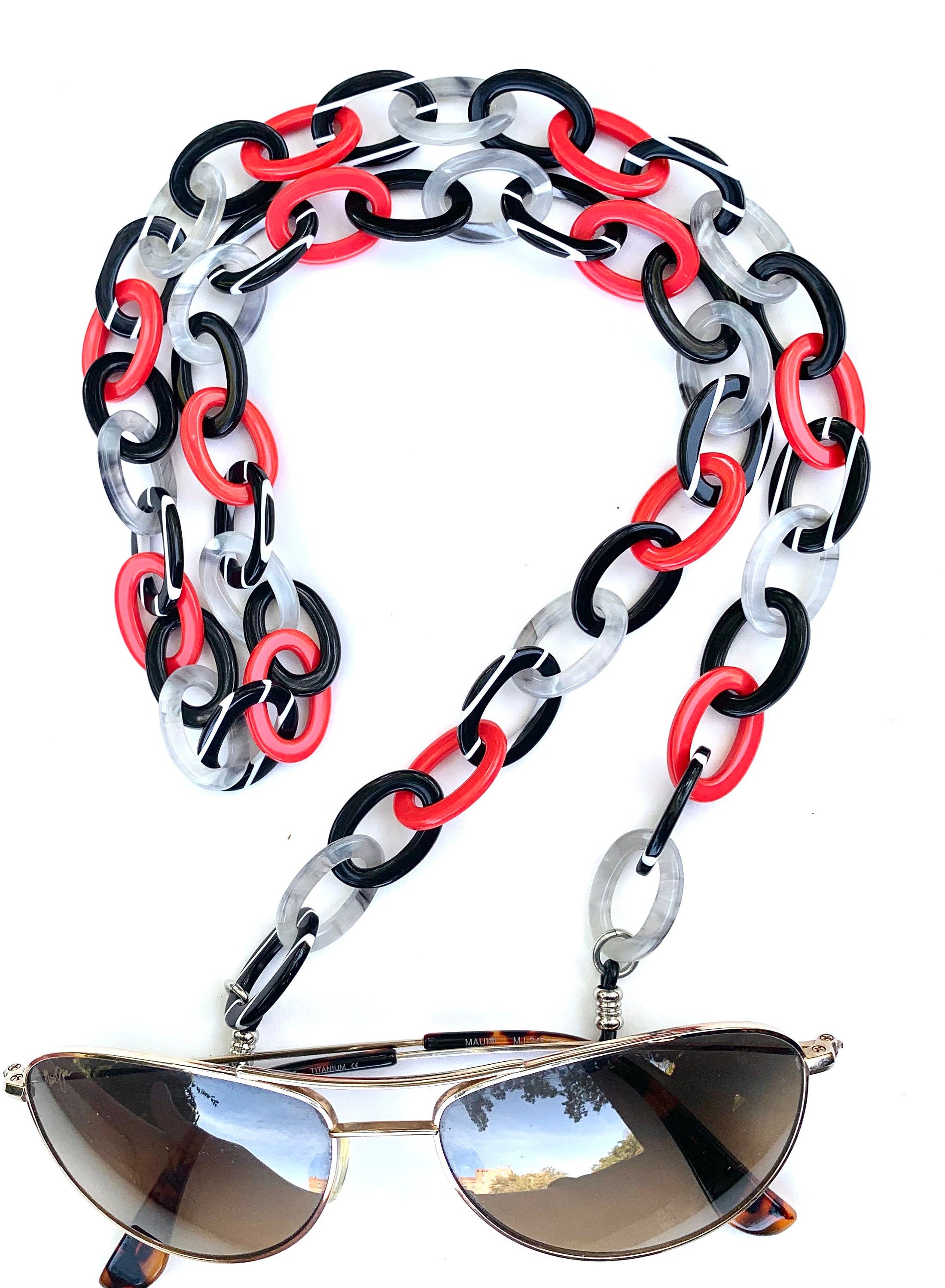 Black, White, Gray and Red Glasses Holder / Sunglass Chain Handmade from  Vintage Italian Cellulose Acetate