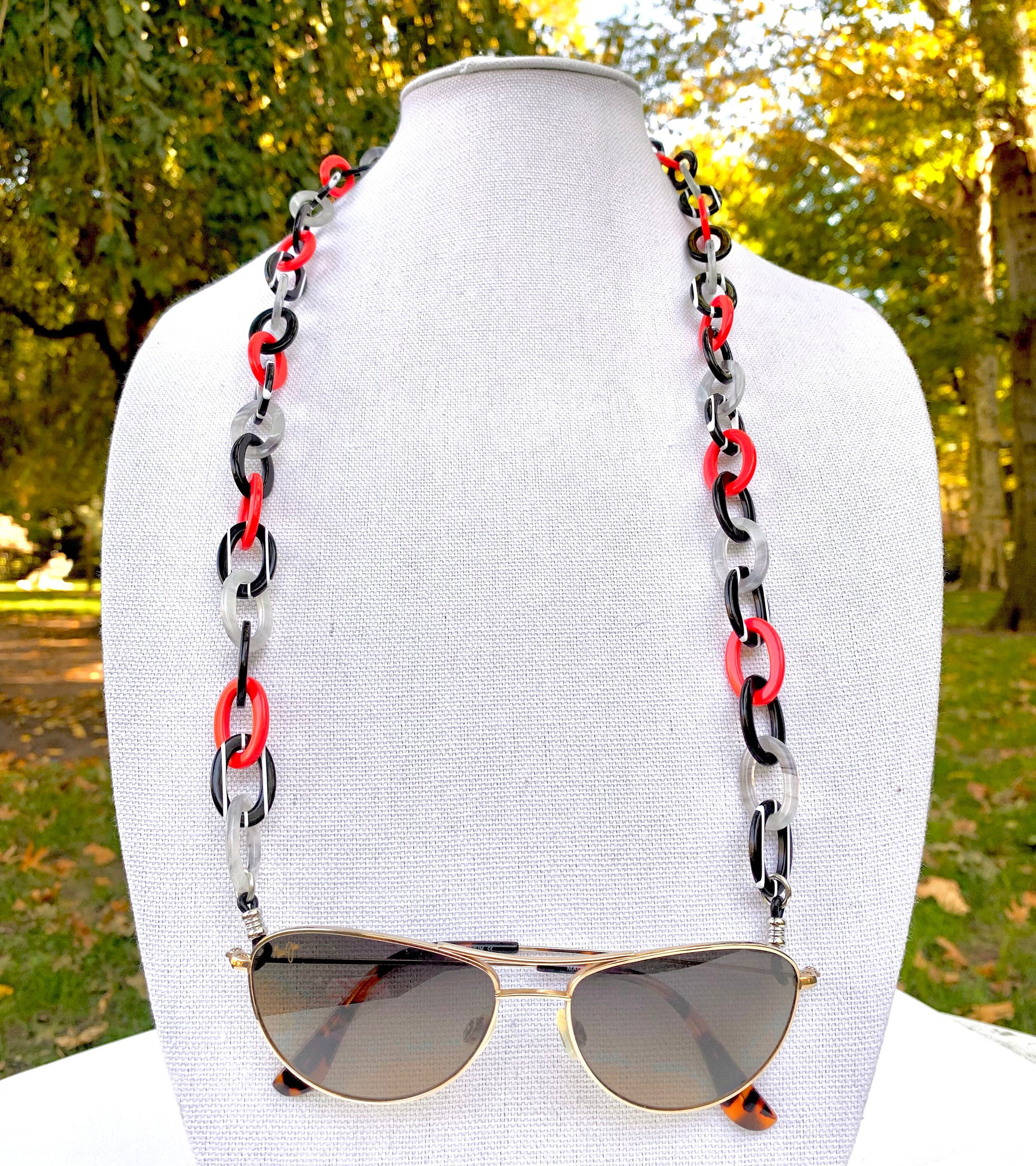Black, White, Gray and Red Glasses Holder / Sunglass Chain Handmade from  Vintage Italian Cellulose Acetate