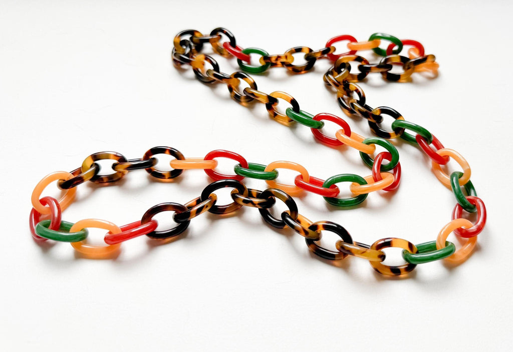 Tortoise Shell  Chunky Chain Necklace With Bakelite Inspired Accents Handmade From Italian Cellulose Acetate Tortoise Shell Resin Chain