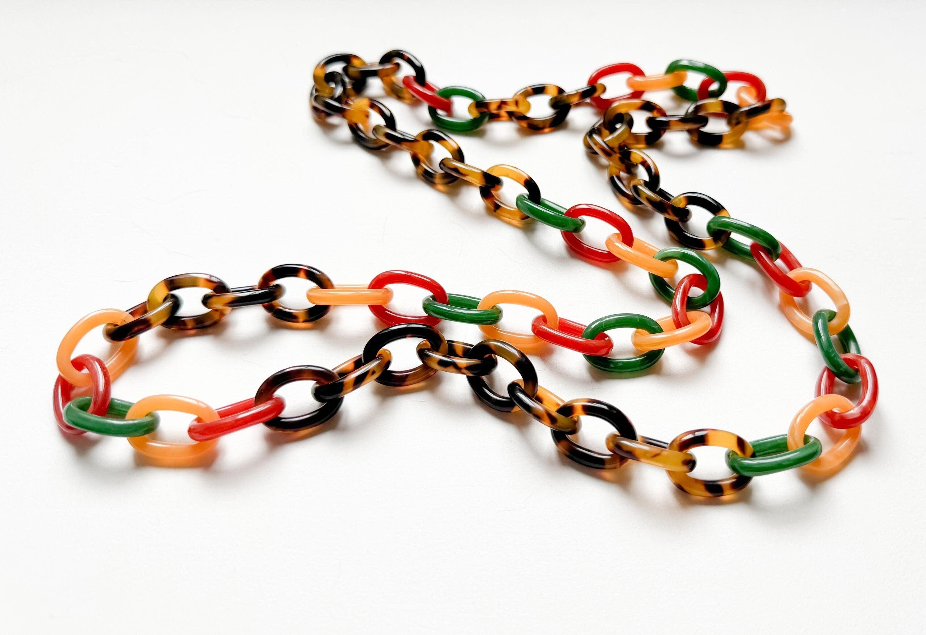 Tortoise Shell  Chunky Chain Necklace With Bakelite Inspired Accents Handmade From Italian Cellulose Acetate Tortoise Shell Resin Chain