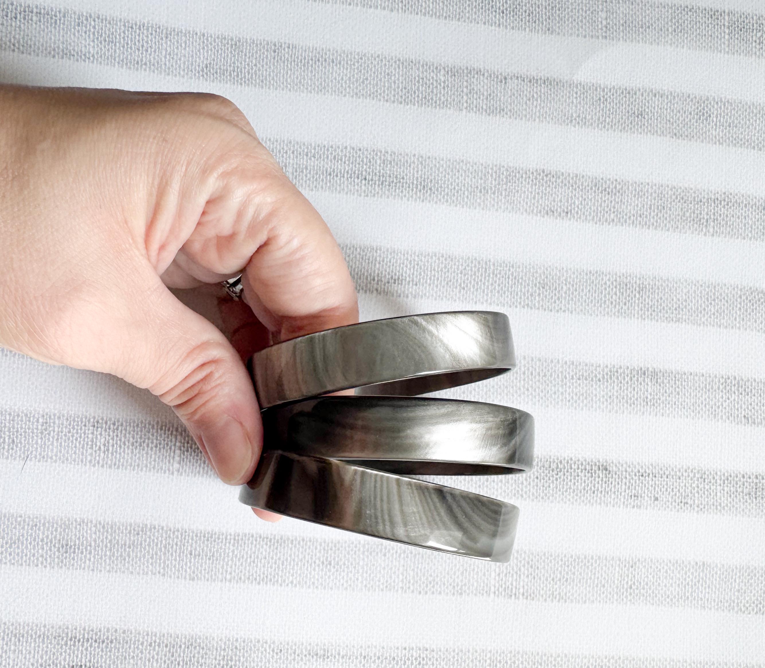 set of Three Silver Hematite Resin Bangle Bracelets Handmade From Italian Cellulose Acetate Vintage Never Worn Metallic Bangles