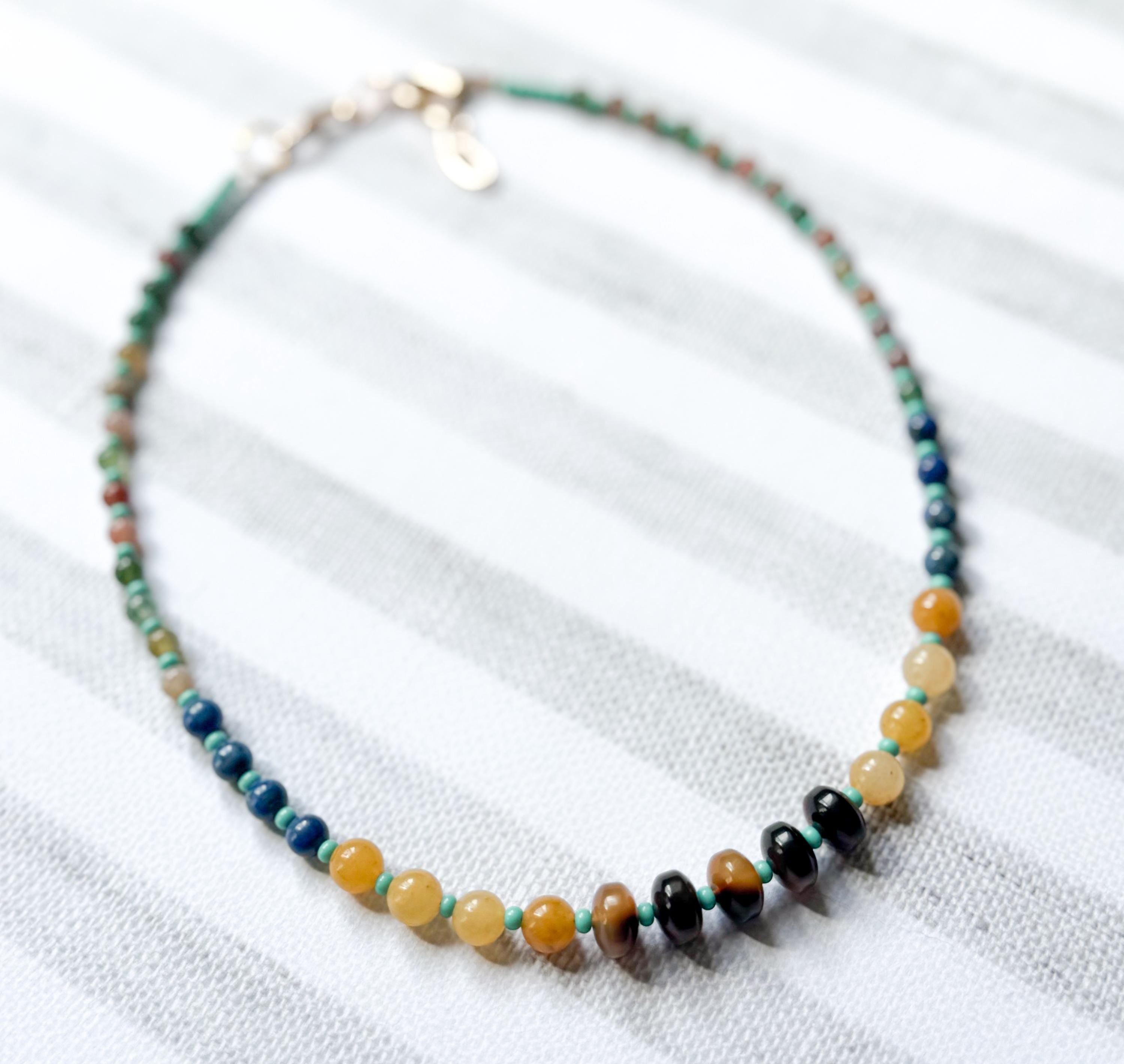 Beaded Choker Necklace Handmade From Tortoise Shell, Turquoise, Lapis, Agate, and Jade Beads With 2" Extender Beaded Gemstone Necklace
