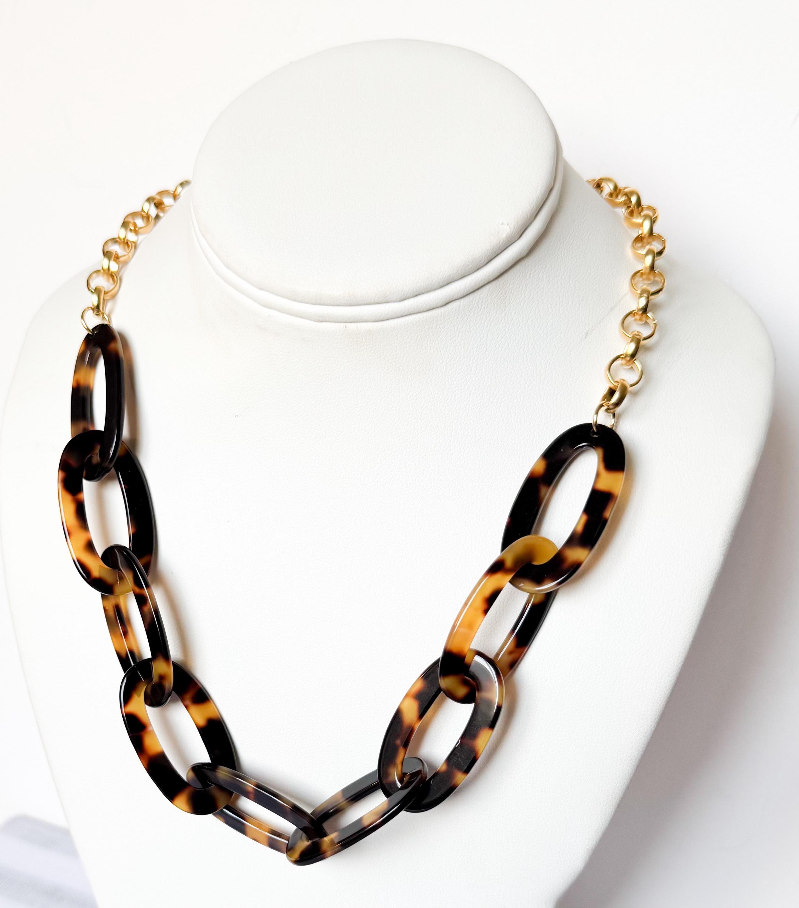 Tortoise Shell Chain Necklace 20" Handmade From Italian Cellulose Acetate and Gold Filled Chain Tortoise Link Necklace Lucite Chain