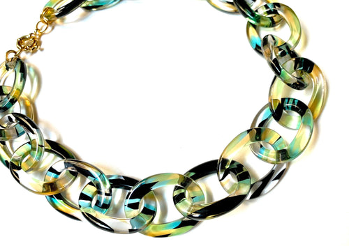 18" Chunky Choker Length Cellulose Acetate Chain in Clear Pattern With Streaks of Black, Chartreuse and Blue |Handmade in the USA|
