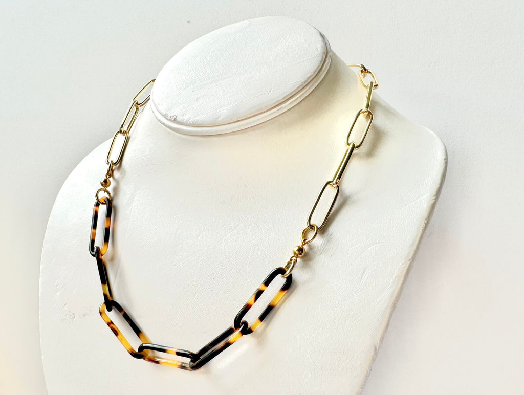 18" Tortoise Shell and Gold Filled Paperclip Chain |Handmade From Italian Cellulose Acetate | Tortoise Shell Necklace Made in USA