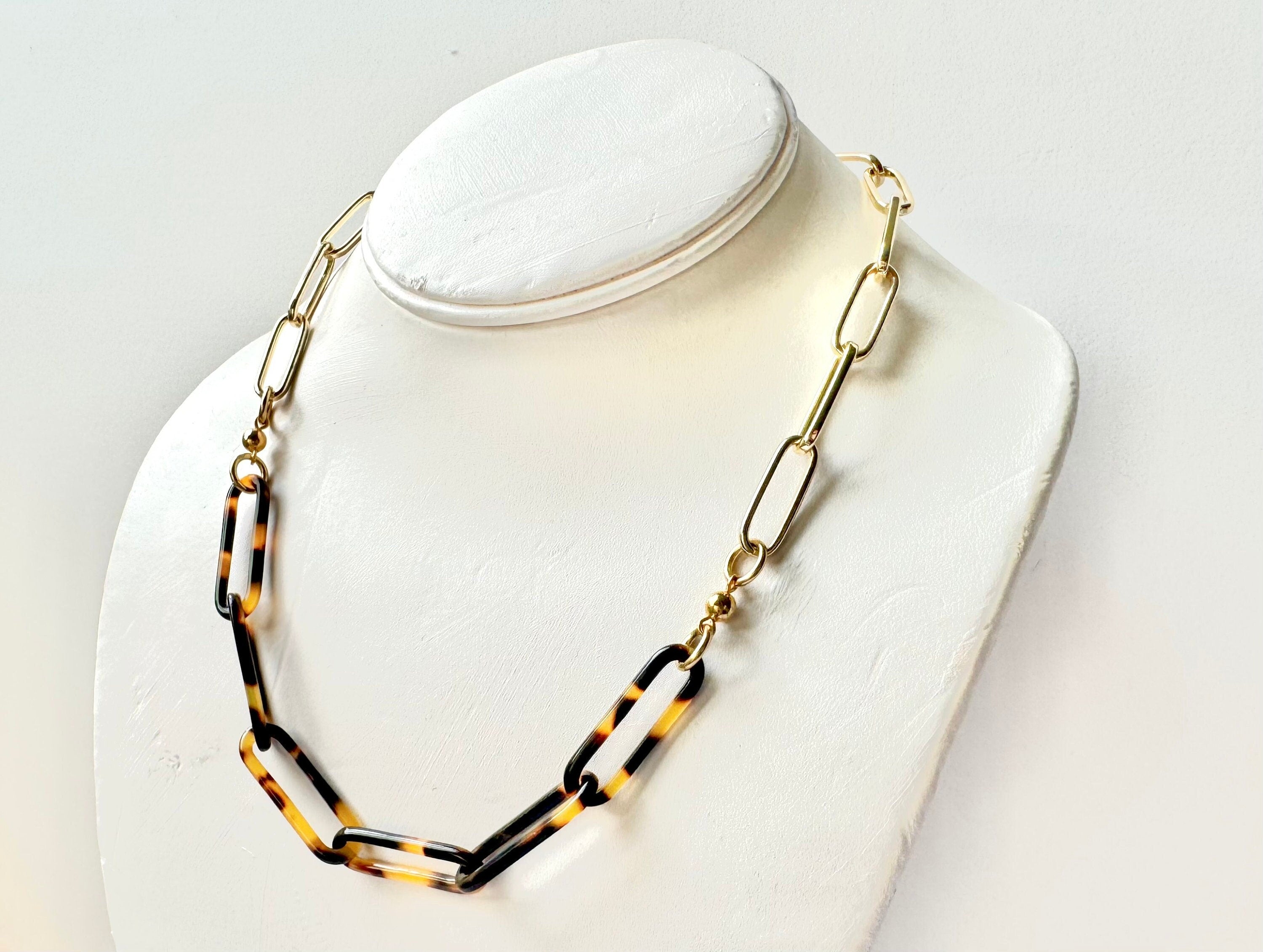18" Tortoise Shell and Gold Filled Paperclip Chain |Handmade From Italian Cellulose Acetate | Tortoise Shell Necklace Made in USA