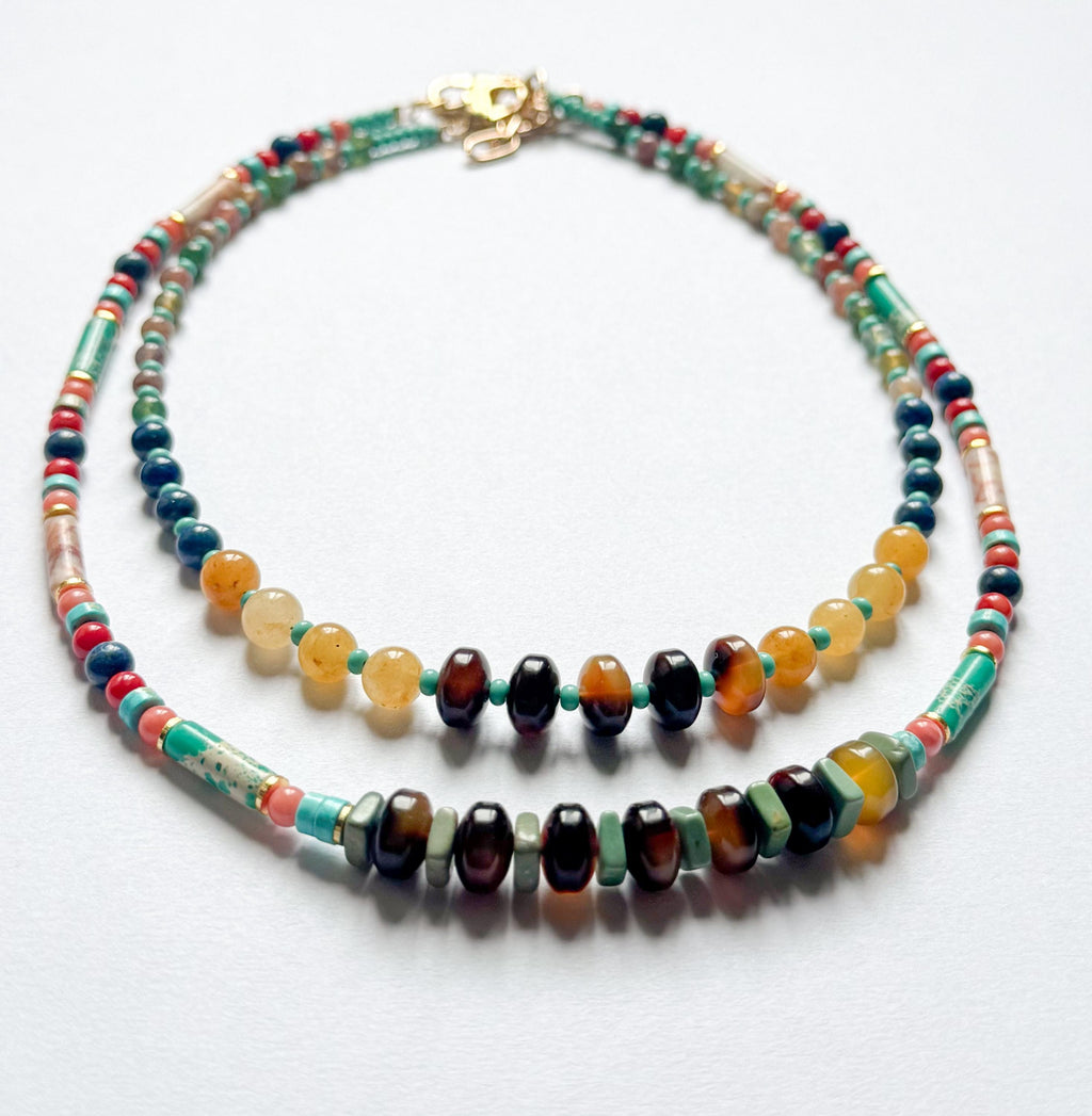 Beaded Choker Necklace Handmade From Tortoise Shell, Turquoise, Lapis, Agate, and Jade Beads With 2" Extender Beaded Gemstone Necklace