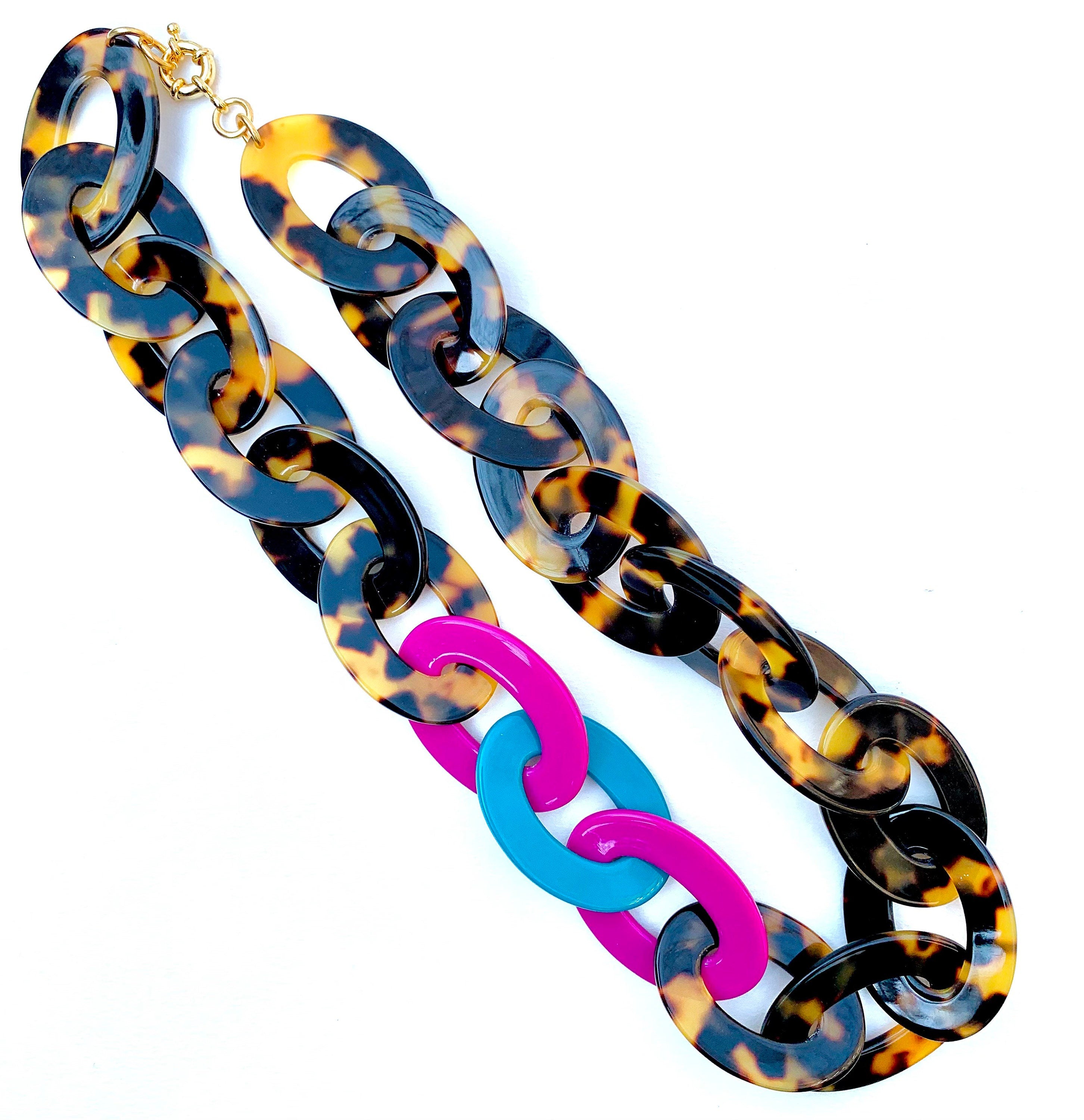 21" Colorful Tortoise Shell Chain With Pops of Magenta and Teal | Handmade in NYC From Italian Cellulose Acetate Chunky Tortoise Chain