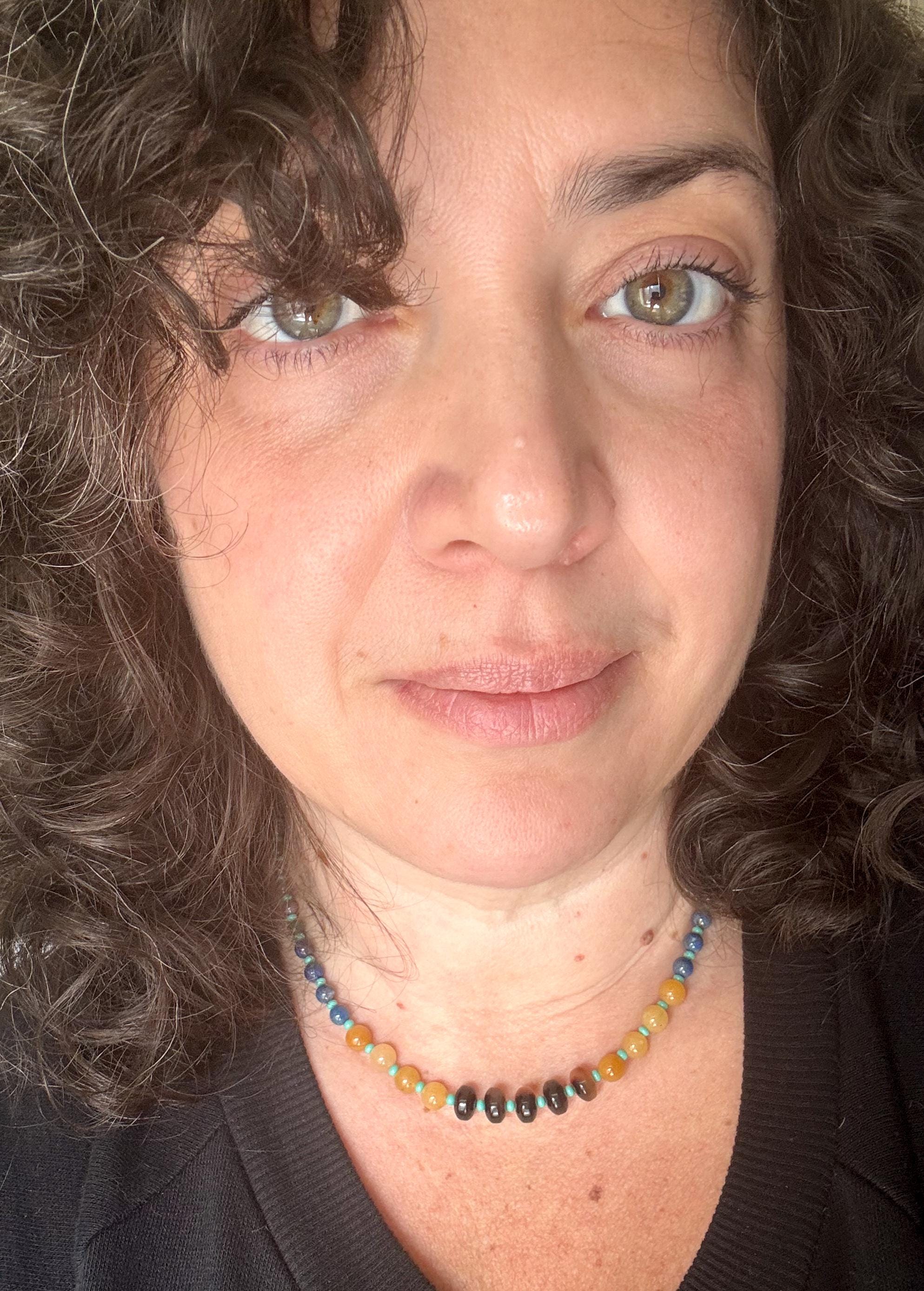 Beaded Choker Necklace Handmade From Tortoise Shell, Turquoise, Lapis, Agate, and Jade Beads With 2" Extender Beaded Gemstone Necklace