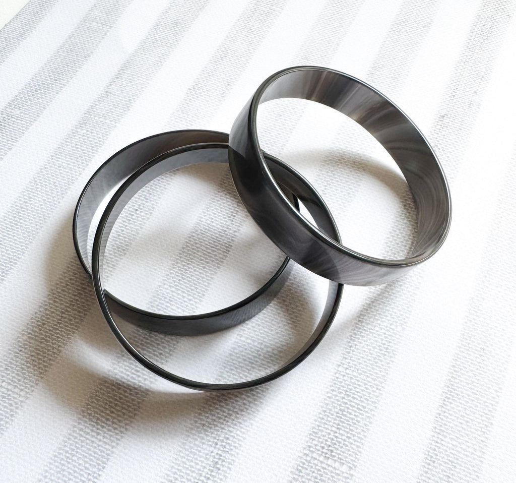 set of Three Silver Hematite Resin Bangle Bracelets Handmade From Italian Cellulose Acetate Vintage Never Worn Metallic Bangles