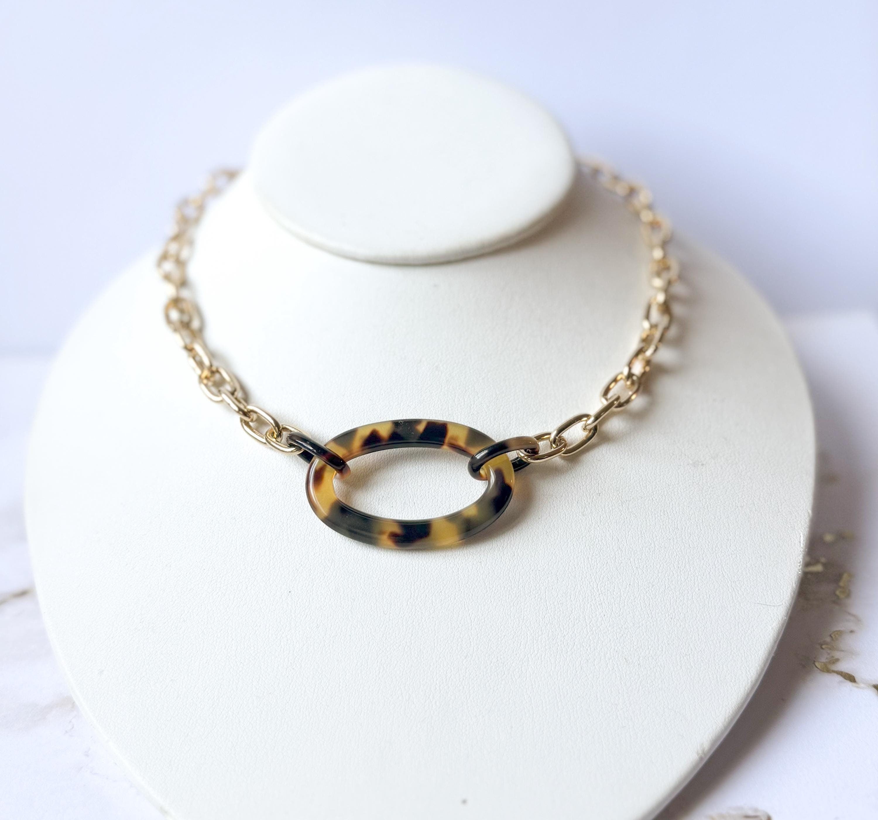 Large Tortoise Shell Link and Gold 17.5" Choker Chain |Repurposed from Vintage Italian Cellulose Acetate Links | Made in USA | Free Shipping