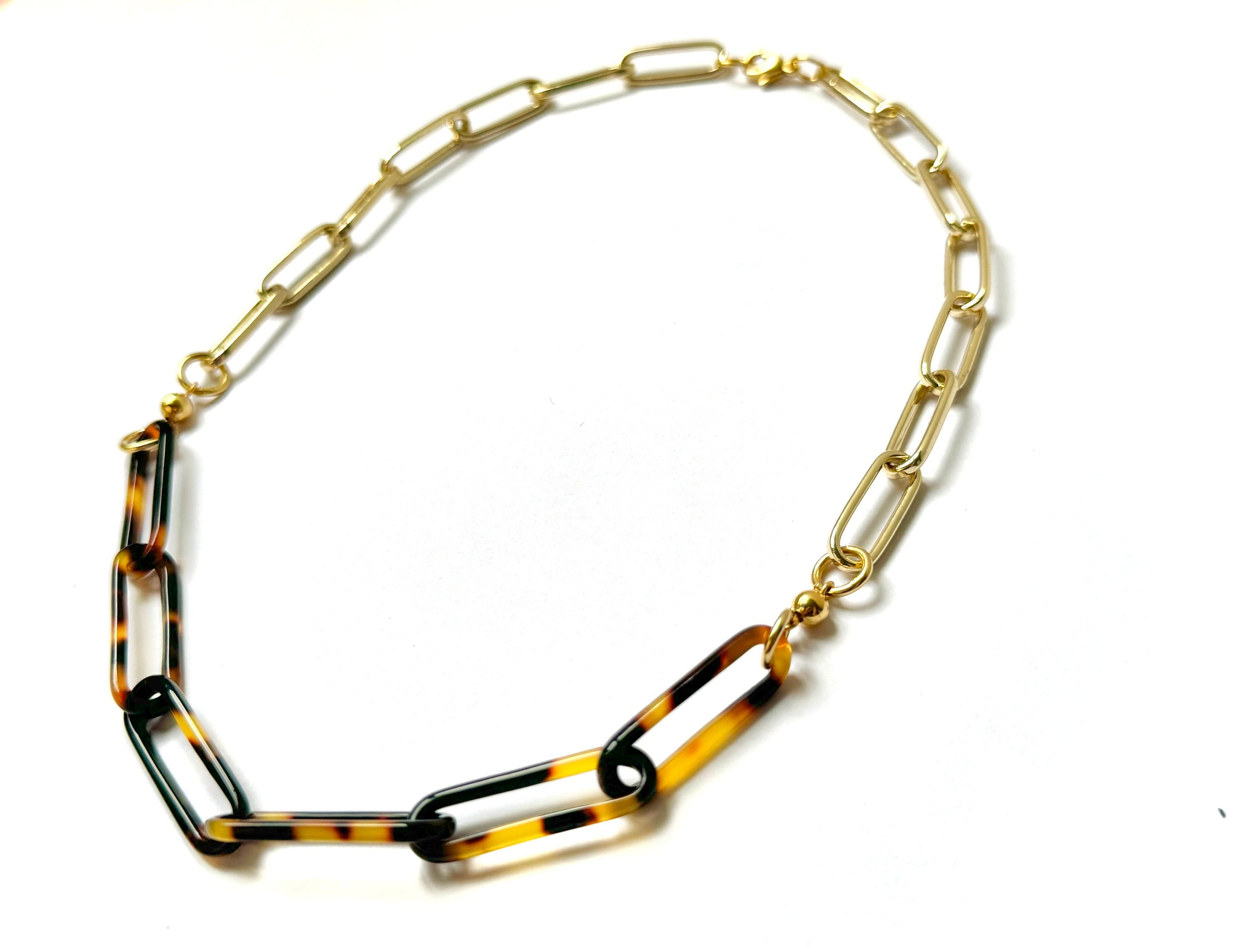 18" Tortoise Shell and Gold Filled Paperclip Chain |Handmade From Italian Cellulose Acetate | Tortoise Shell Necklace Made in USA