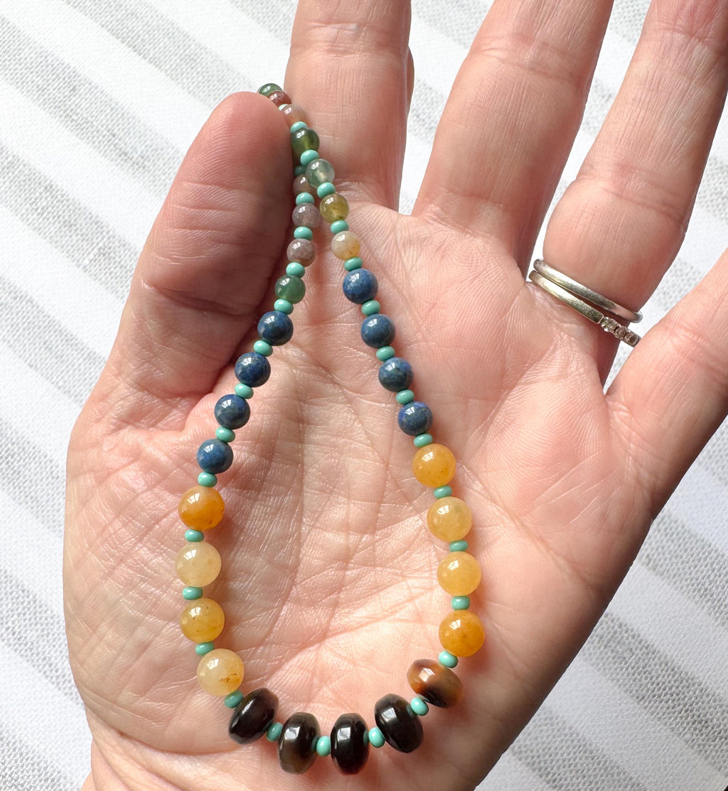 Beaded Choker Necklace Handmade From Tortoise Shell, Turquoise, Lapis, Agate, and Jade Beads With 2" Extender Beaded Gemstone Necklace