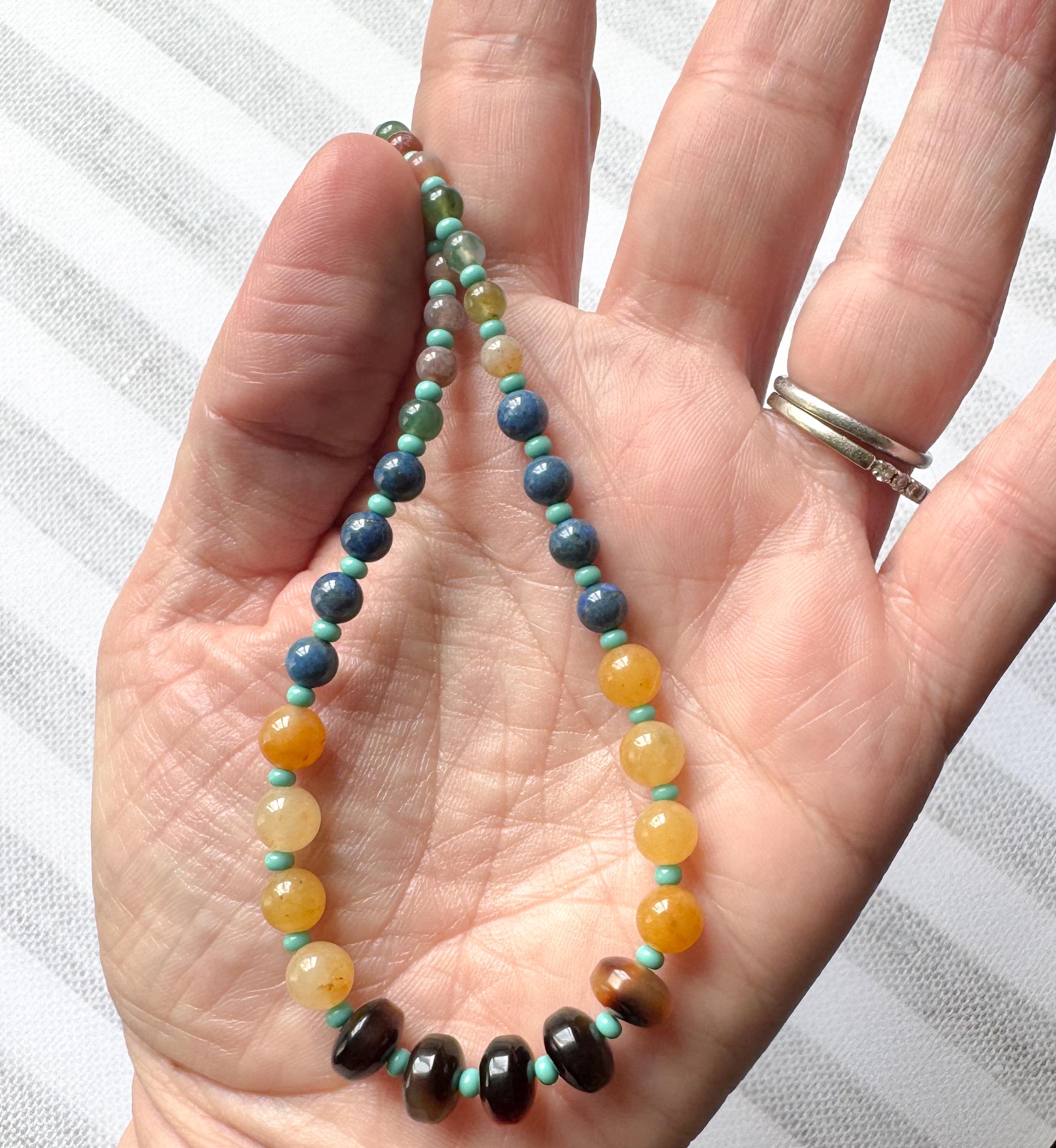 Beaded Choker Necklace Handmade From Tortoise Shell, Turquoise, Lapis, Agate, and Jade Beads With 2" Extender Beaded Gemstone Necklace