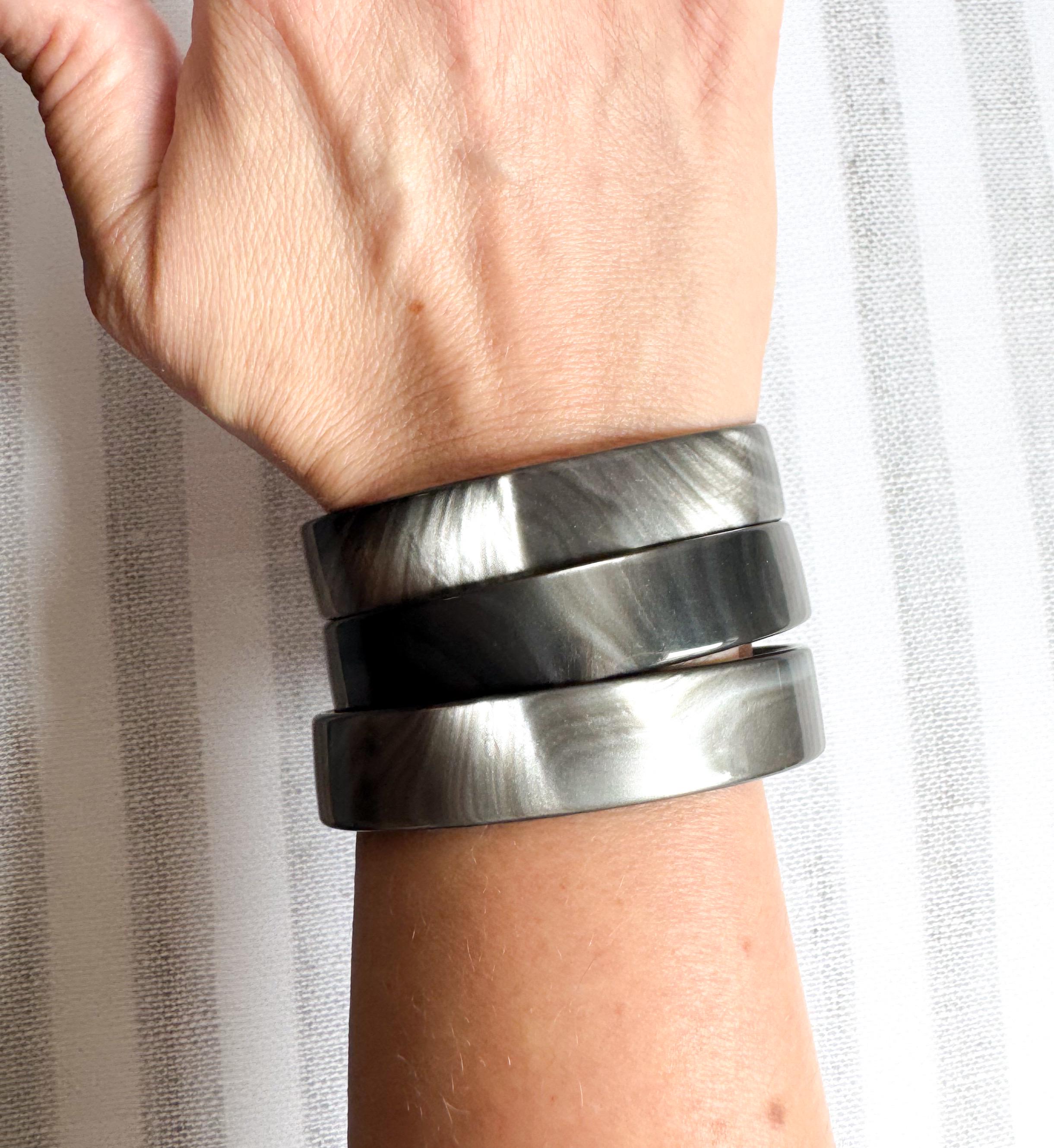 set of Three Silver Hematite Resin Bangle Bracelets Handmade From Italian Cellulose Acetate Vintage Never Worn Metallic Bangles