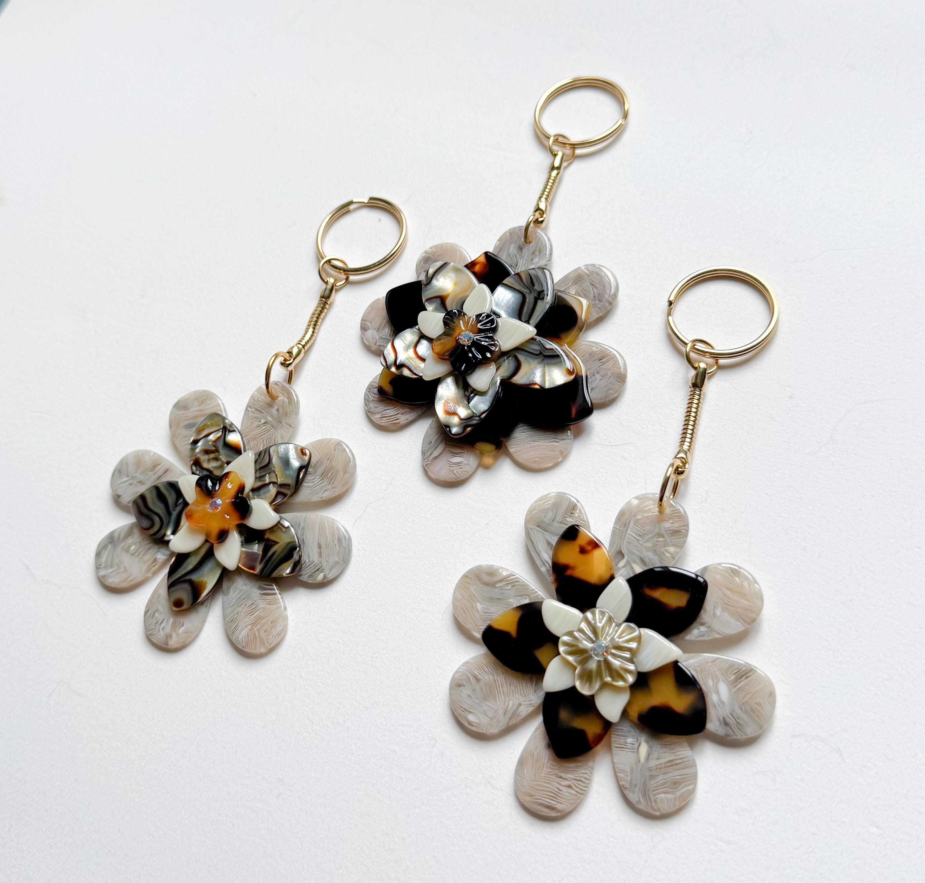 Flower Bag Charm Layered Floral Keychain Tortoise Shell Flower Keychain Charm Floral Bag Bling Handmade
