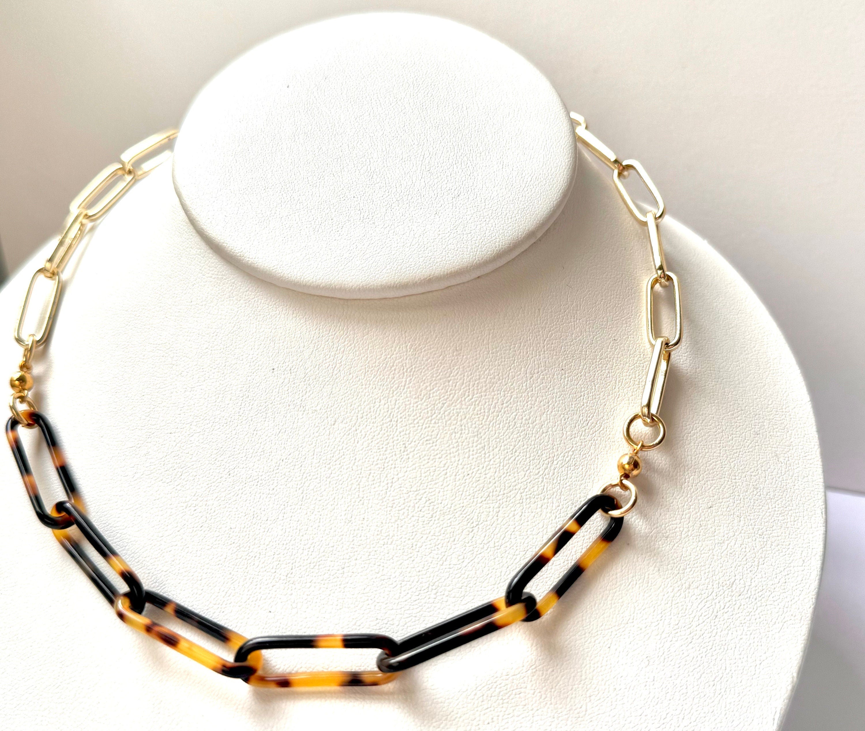 18" Tortoise Shell and Gold Filled Paperclip Chain |Handmade From Italian Cellulose Acetate | Tortoise Shell Necklace Made in USA