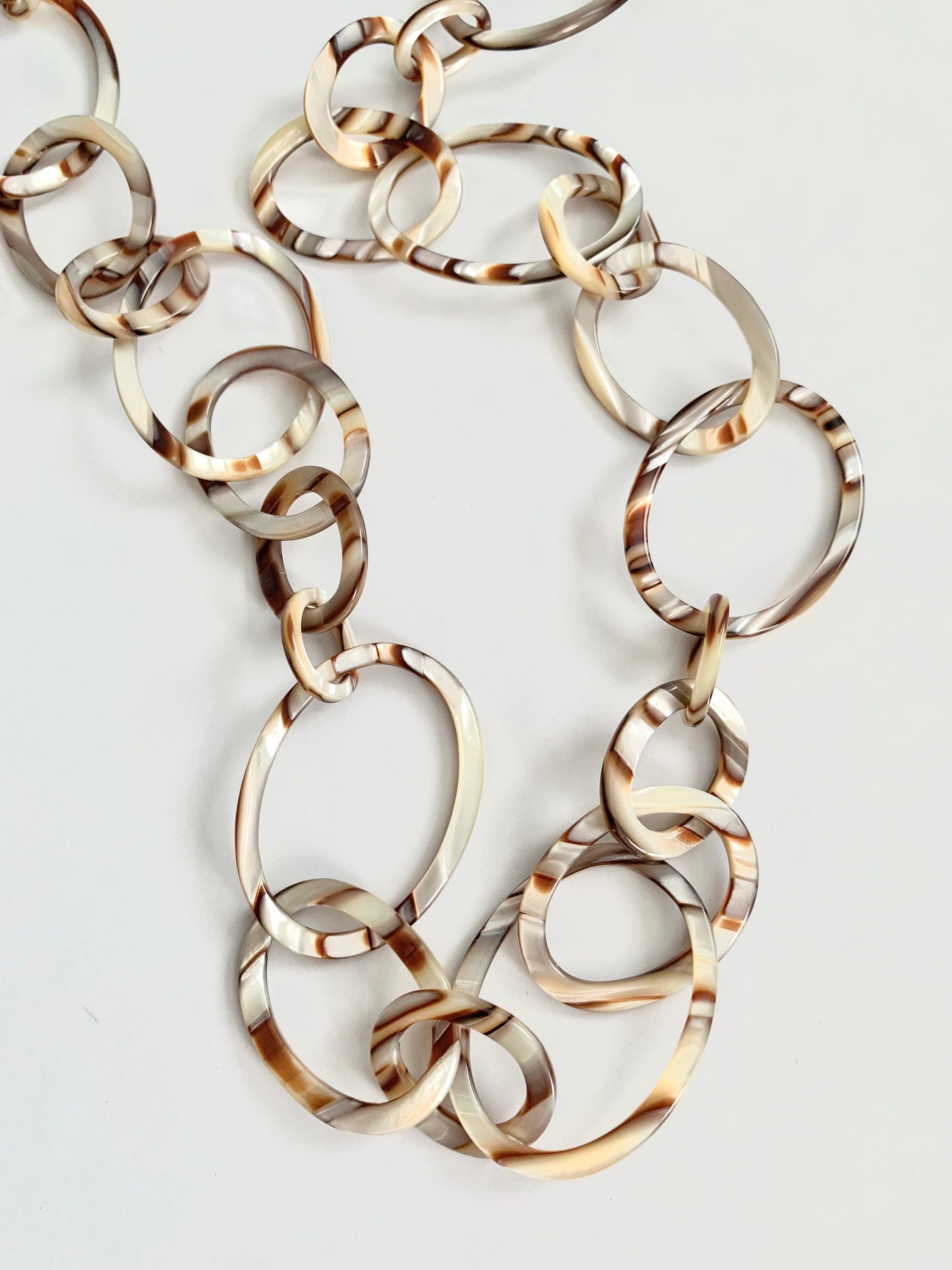 38" Alabaster Faux Tortoise Graduating Links Chain Made From Vintage Italian Cellulose Acetate |Handmade in the USA|