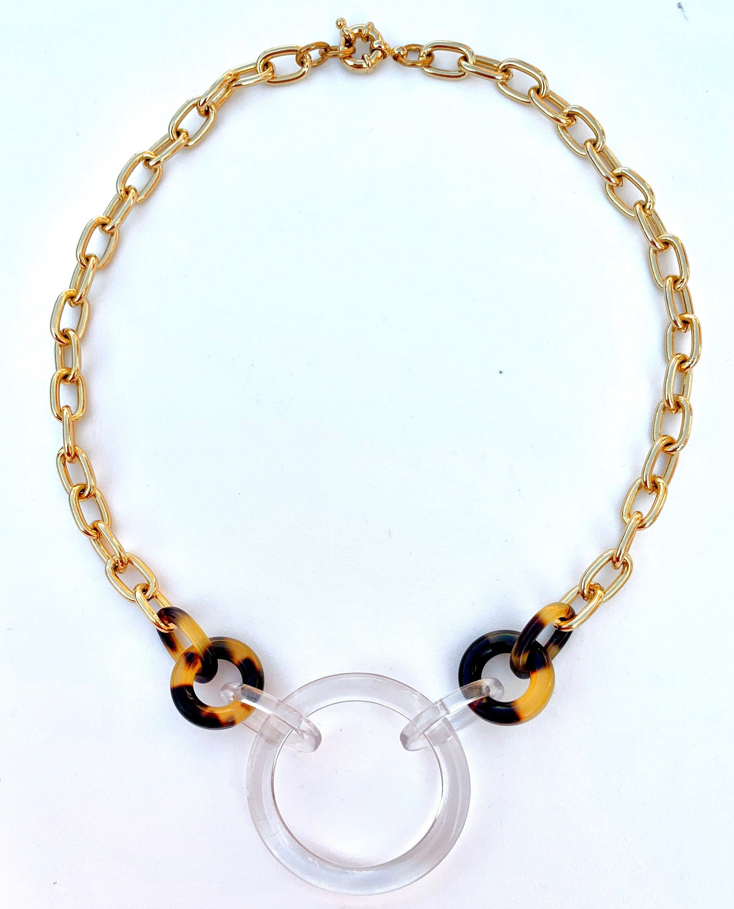Tortoise Shell and Clear Choker Length Chunky Chain |Vintage Italian Cellulose Acetate | Made in USA | Free Shipping| Transparent Jewelry