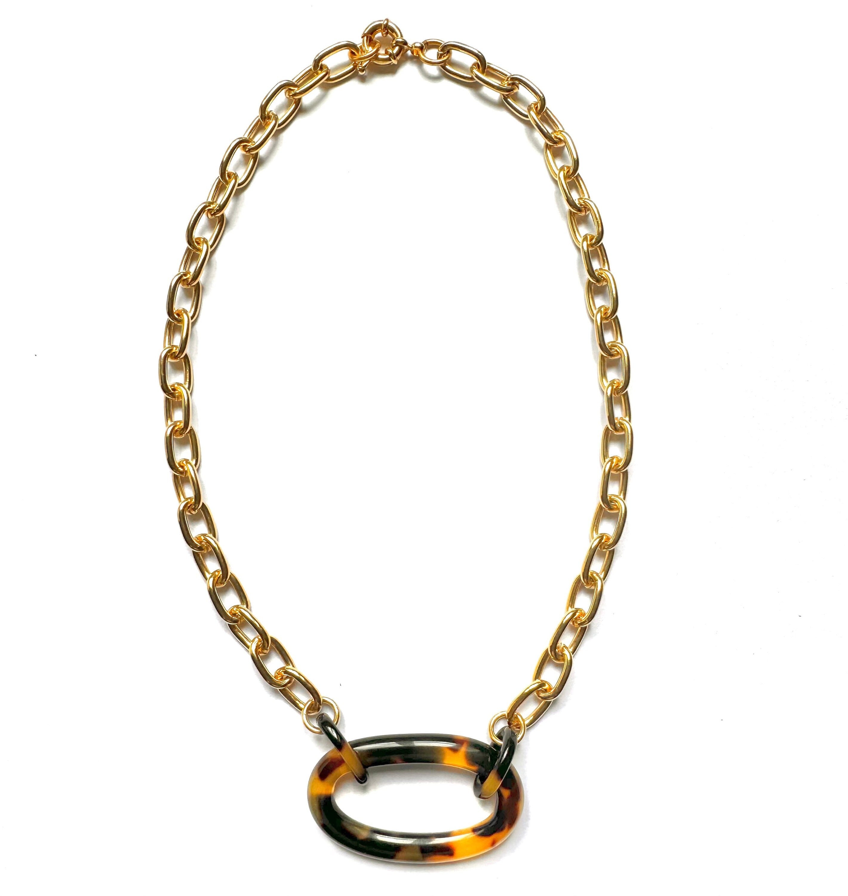 Large Tortoise Shell Link and Gold 17.5" Choker Chain |Repurposed from Vintage Italian Cellulose Acetate Links | Made in USA | Free Shipping