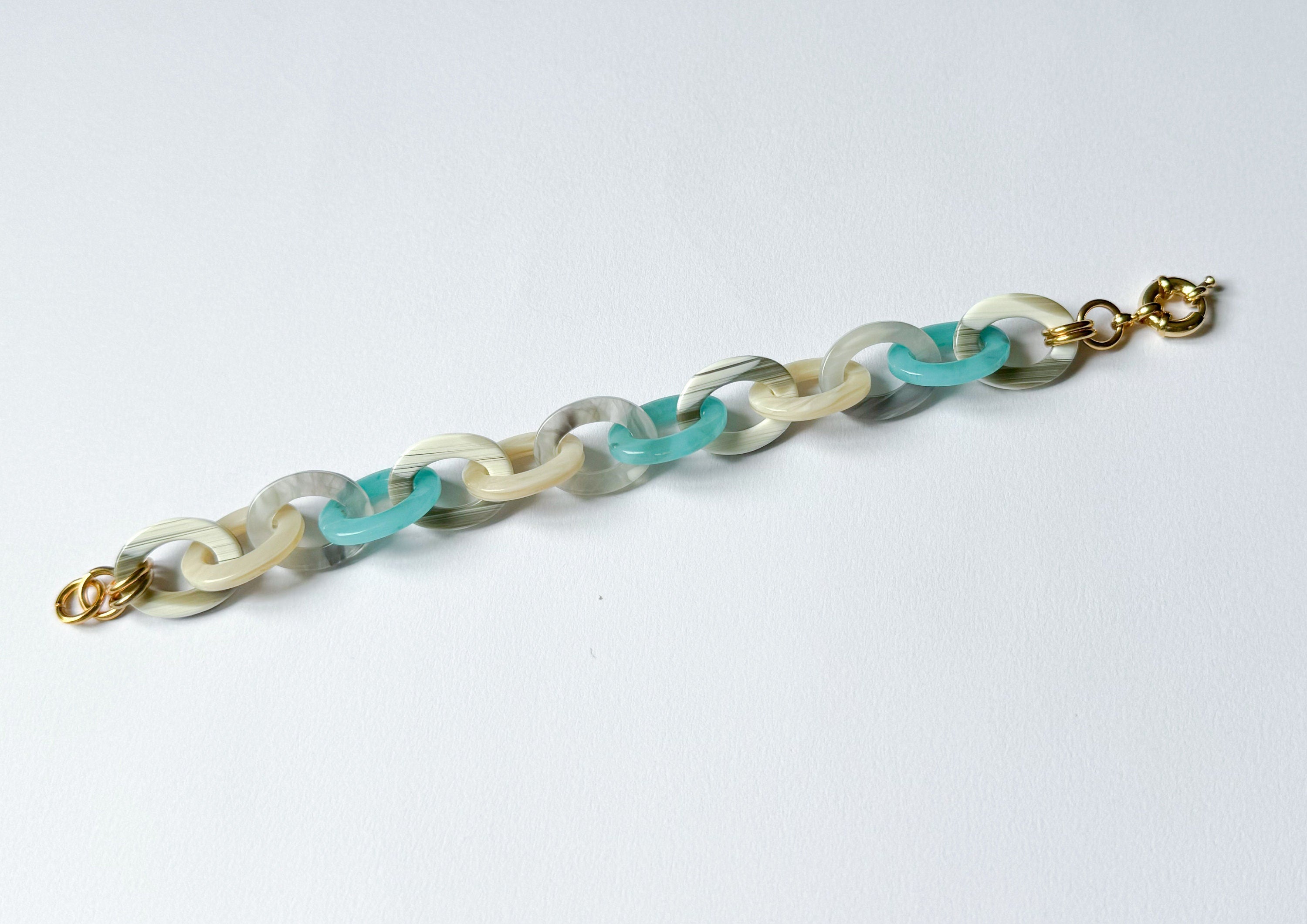 Turquoise and Faux Horn Cellulose Acetate Link Chain Bracelet |Handmade in the USA|
