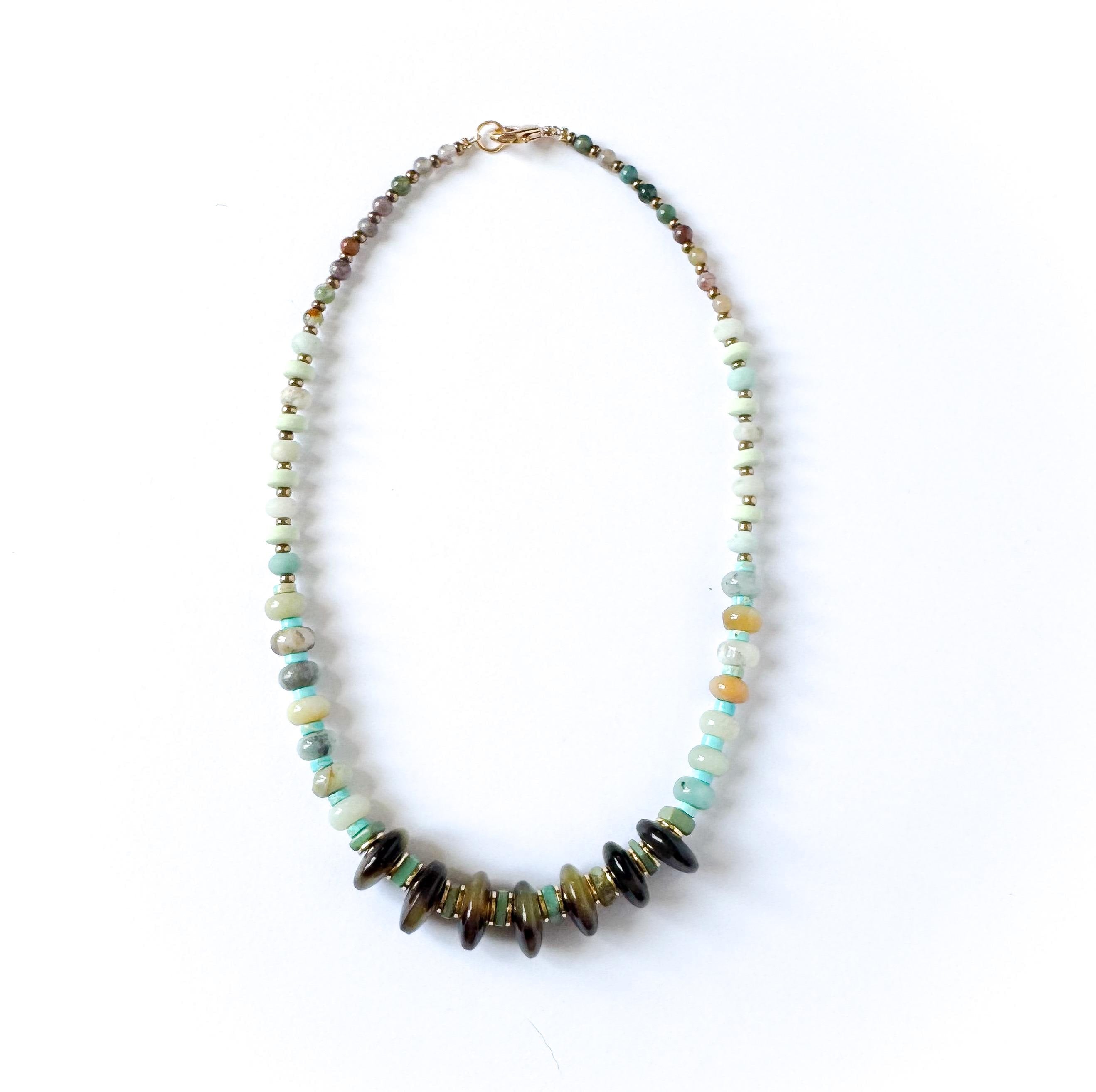 Beaded Necklace Made Handmade From Tortoise Shell, Agate, Amazonite, and Turquoise Beads with Gold Spacers Handmade in NYC Limited Edition