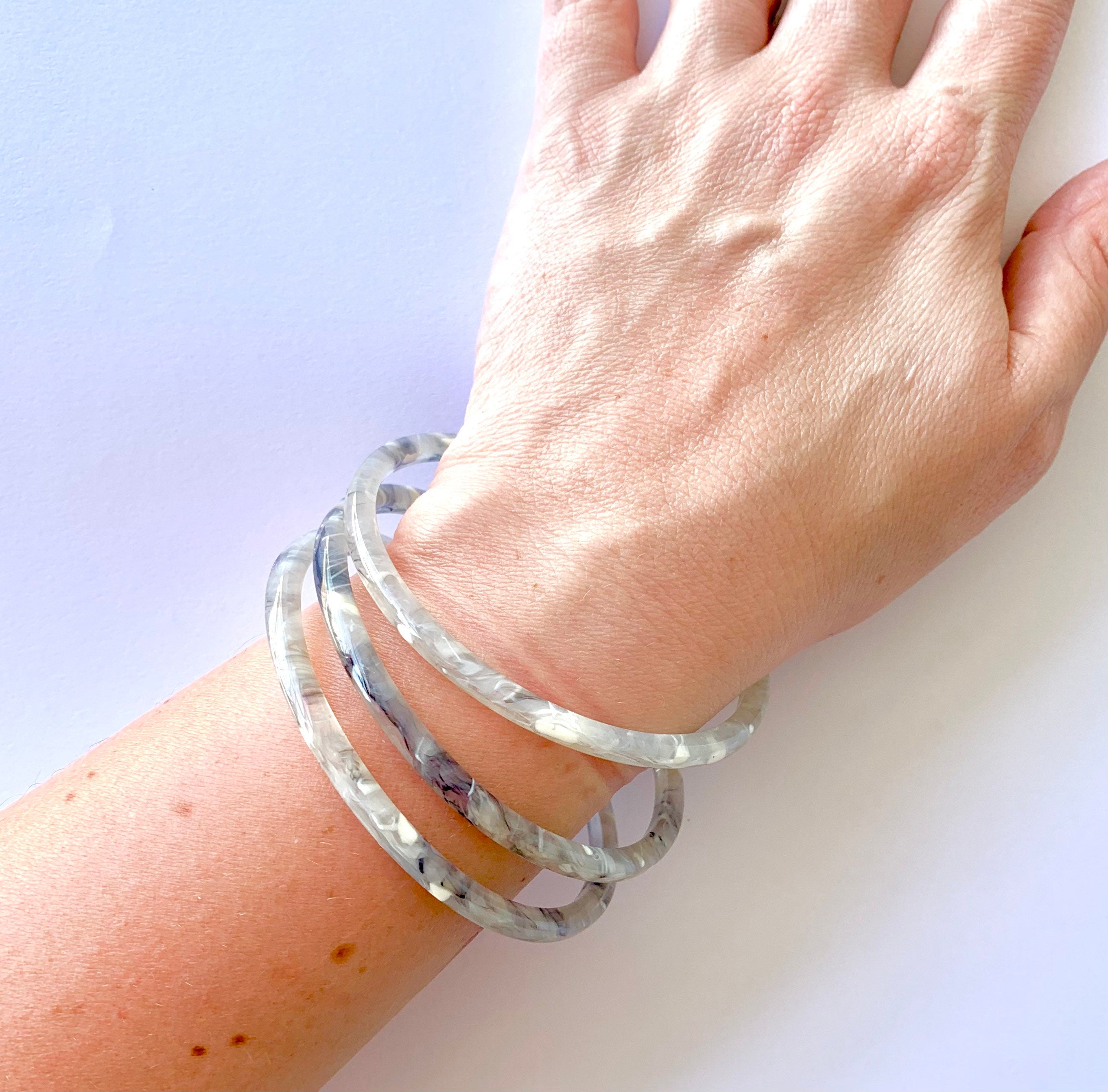 Three Skinny Gray Horn Bangle Bracelets Made From Italian Cellulose Acetate |Handmade in the USA| Acrylic Bangles | Gray Bangle Set