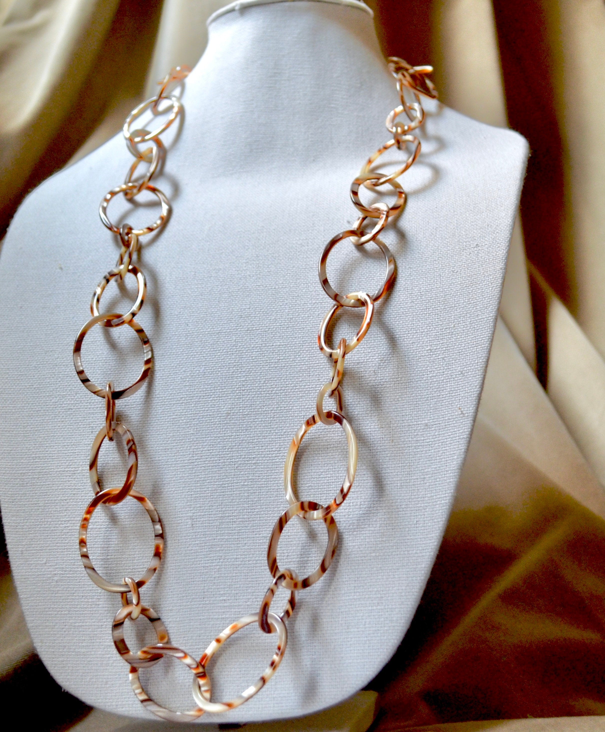 38" Alabaster Faux Tortoise Graduating Links Chain Made From Vintage Italian Cellulose Acetate |Handmade in the USA|